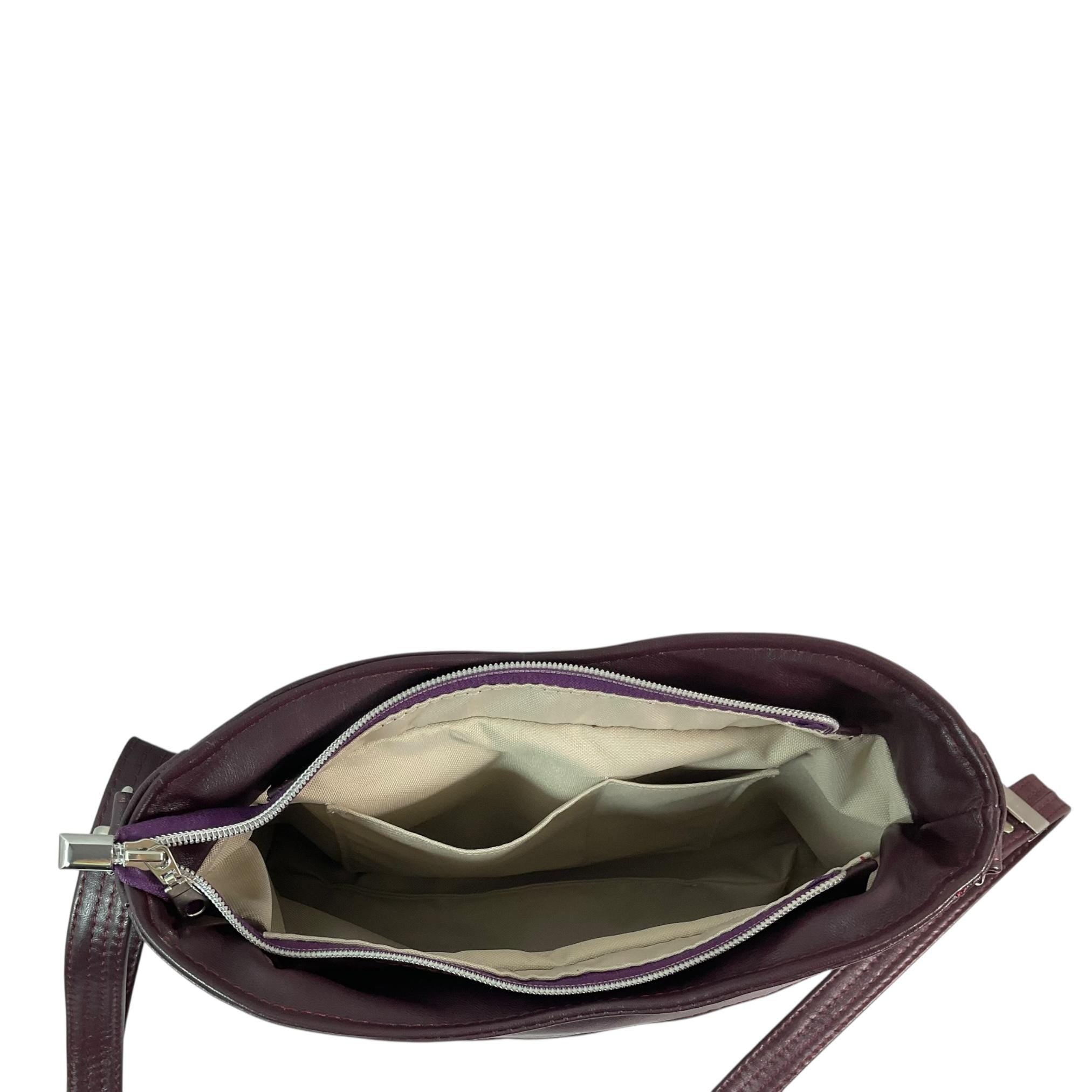 Handbag in genuine leather and Harris tweed tartan print pure wool, green and purple check medium sized zip top shoulder bag