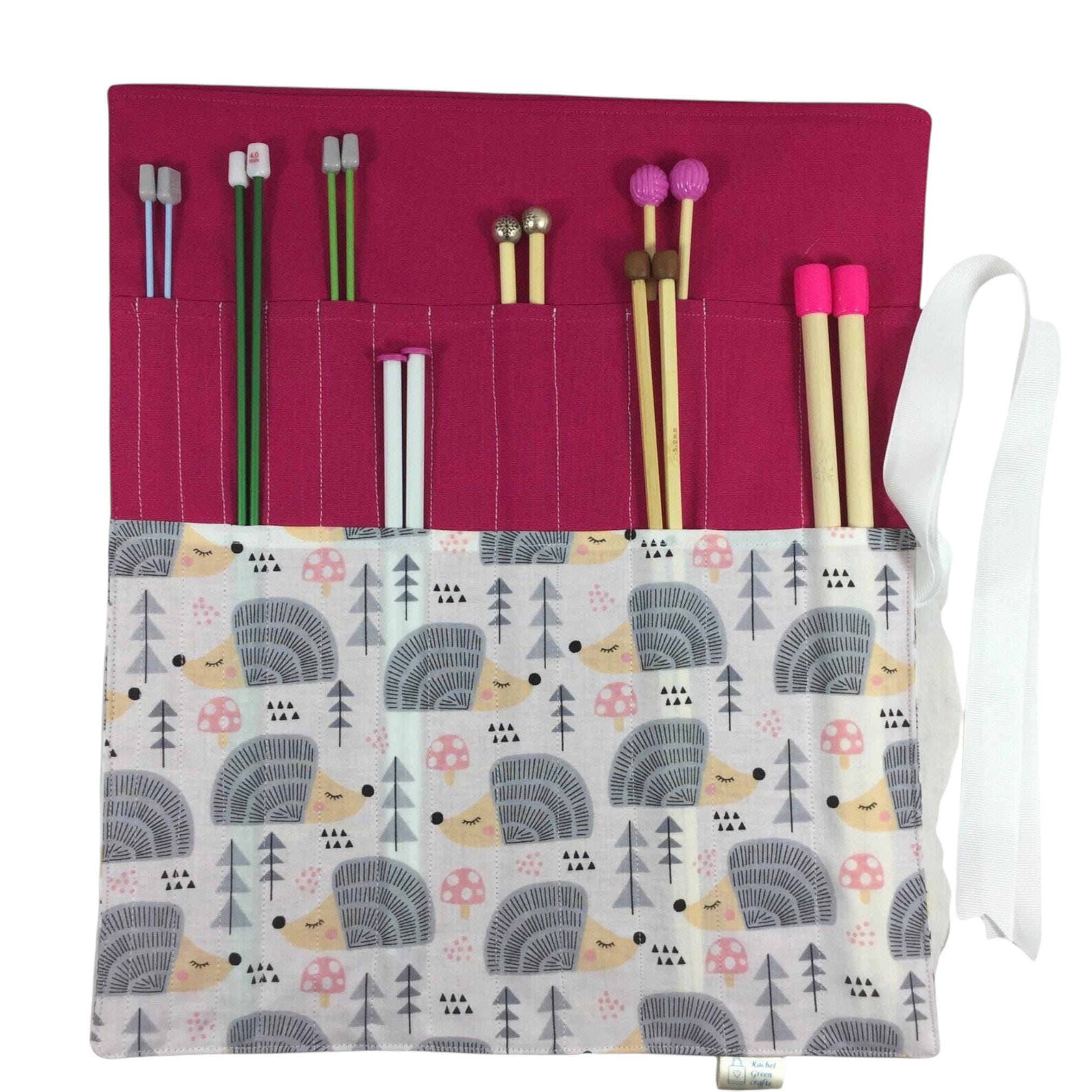 Straight knitting needle case with hedgehogs ,woodland animals needle roll,  knitting accessories , knitters gift, storage, organiser