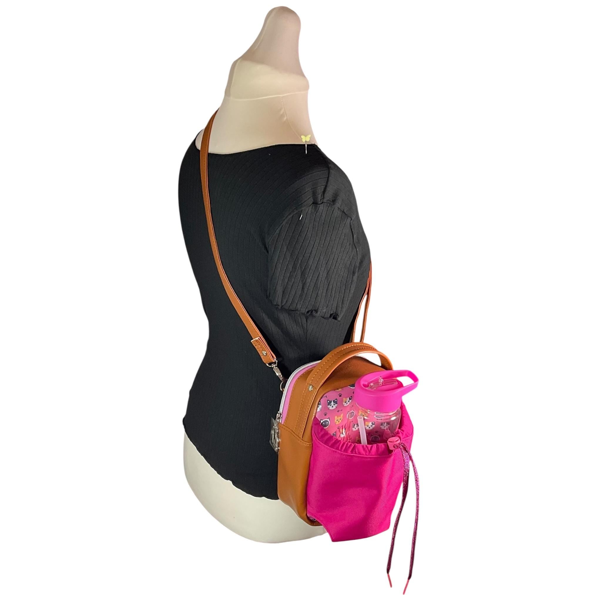 Water bottle sling bag, walking tour and travel day trip, cat lover bag with carry handle, water resistant vinyl/ faux leather bag