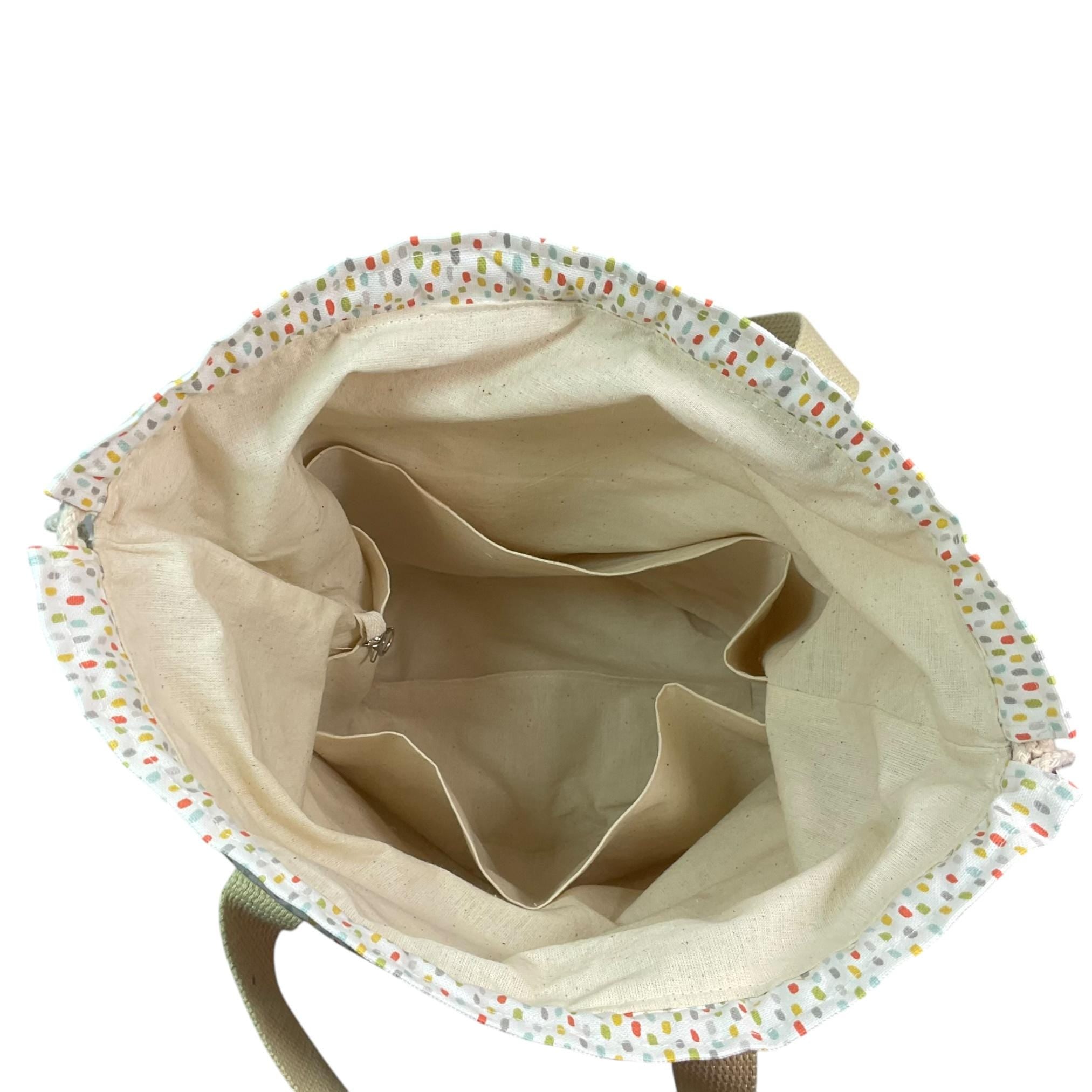 Extra Large drawstring knitting bag with cat print, multi pockets project bag with handles