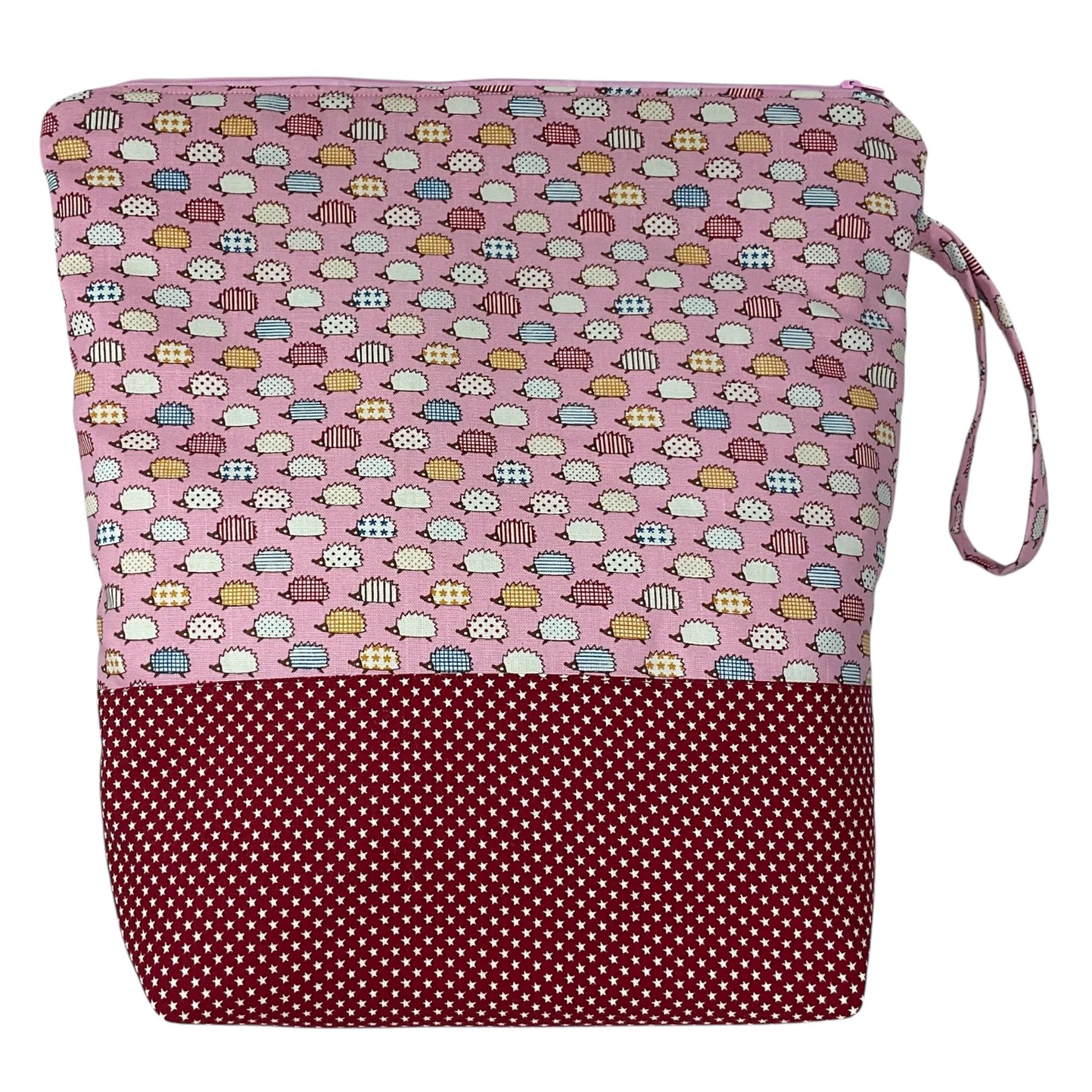 Extra Large knitting zipped pouch bag with hedgehogs supersized knitters woodland project  bag, zipped craft tote, hedgehog lovers gift