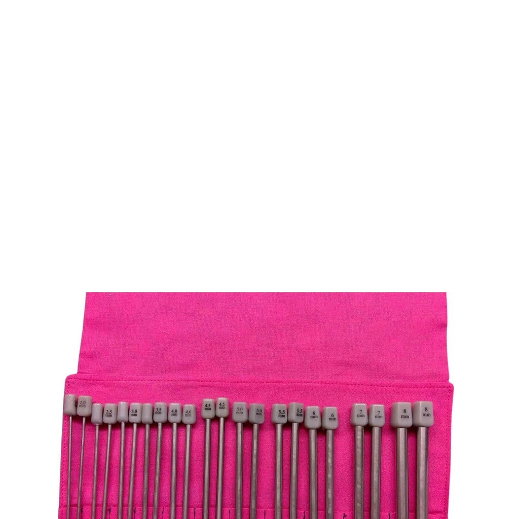 Full set of metal knitting needles in a case with pink floral rose print, straight needles in roll up pouch, gift for knitters