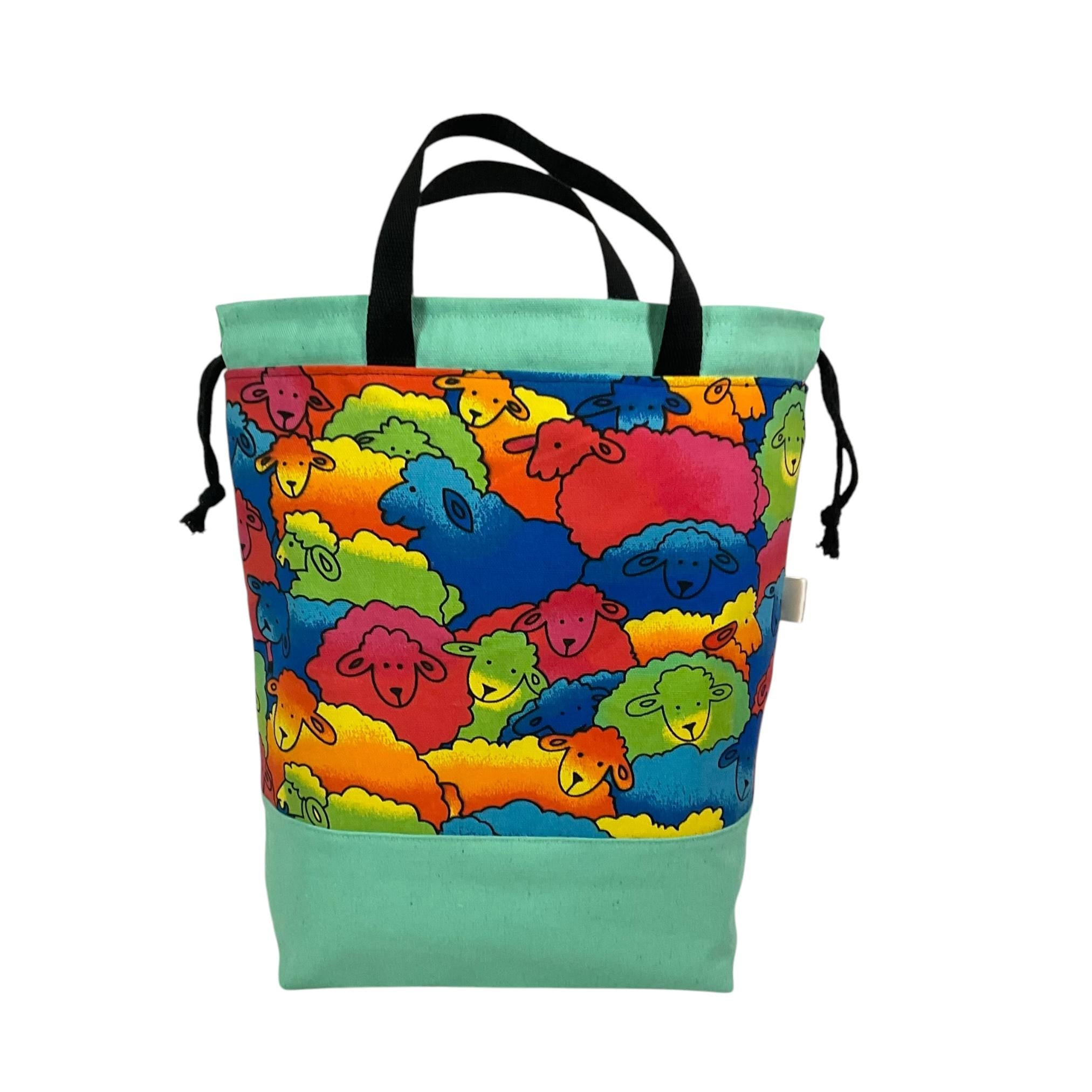 Extra Large drawstring knitting bag with bright sheep print, multi pockets project bag with handles