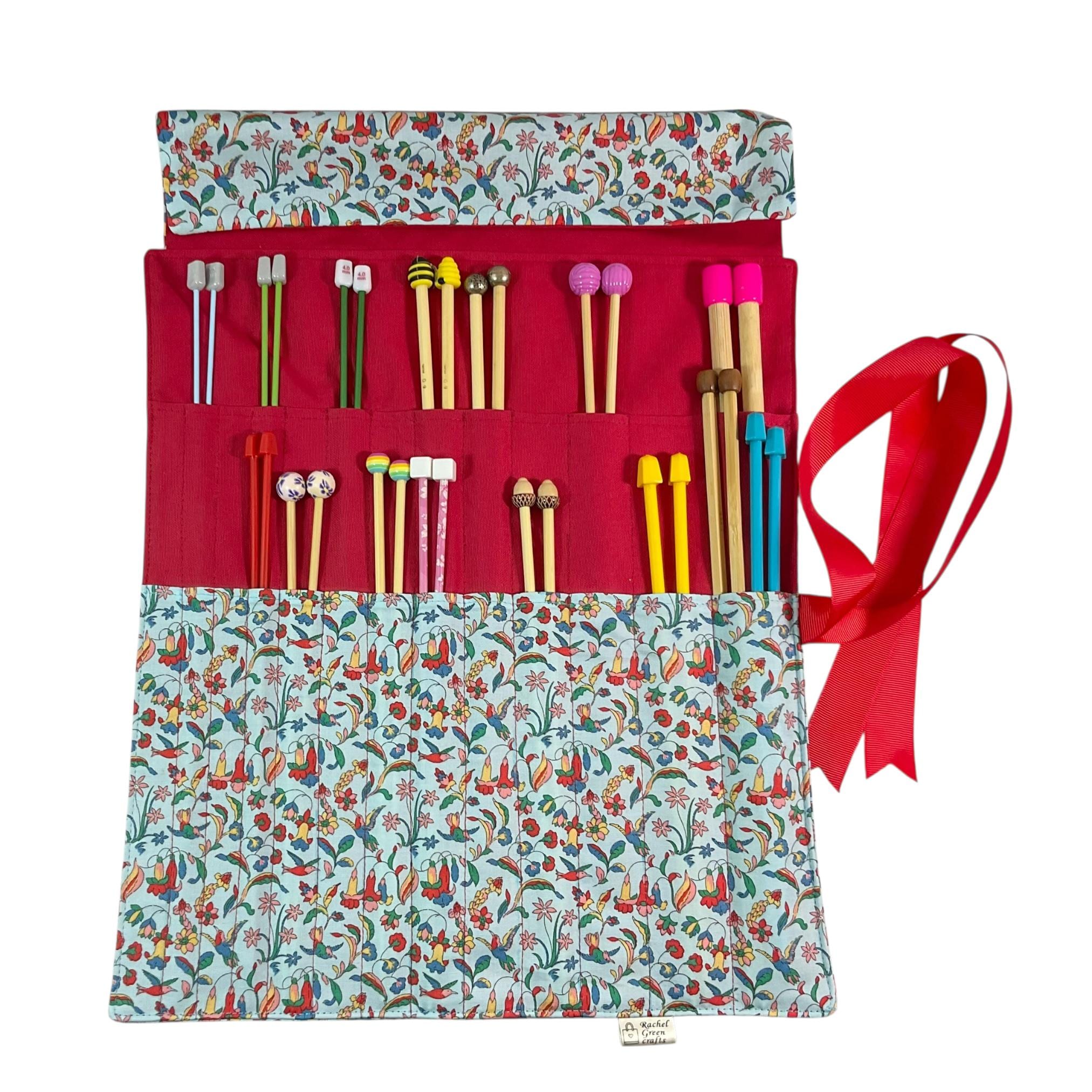 Liberty floral print Straight knitting needle case, bird needle roll, ribbon tie storage, crafting accessories, knitters gift, organiser