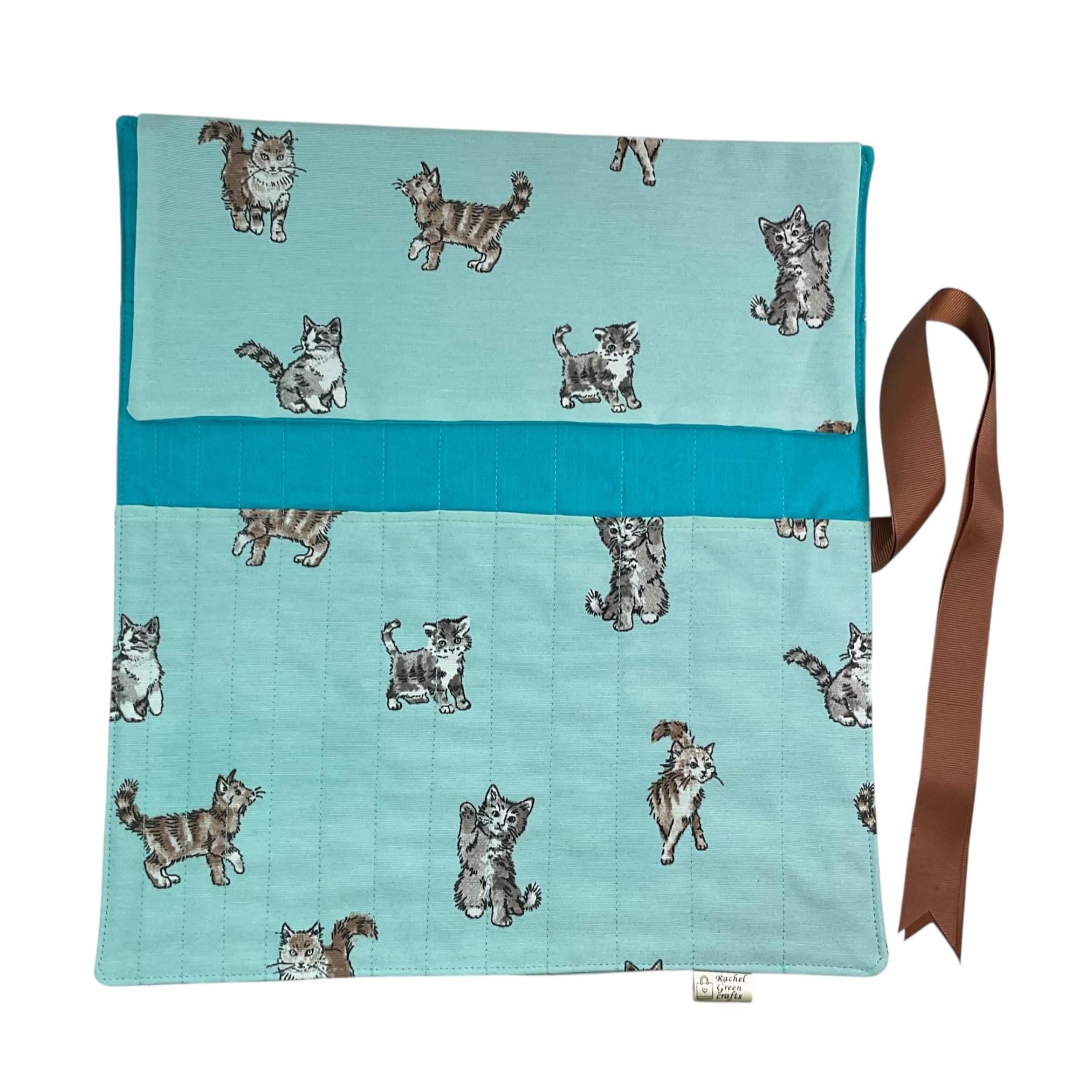 Straight knitting needle case with cats , needle roll, ribbon tie storage, knitting accessories, knitters gift, needle organiser