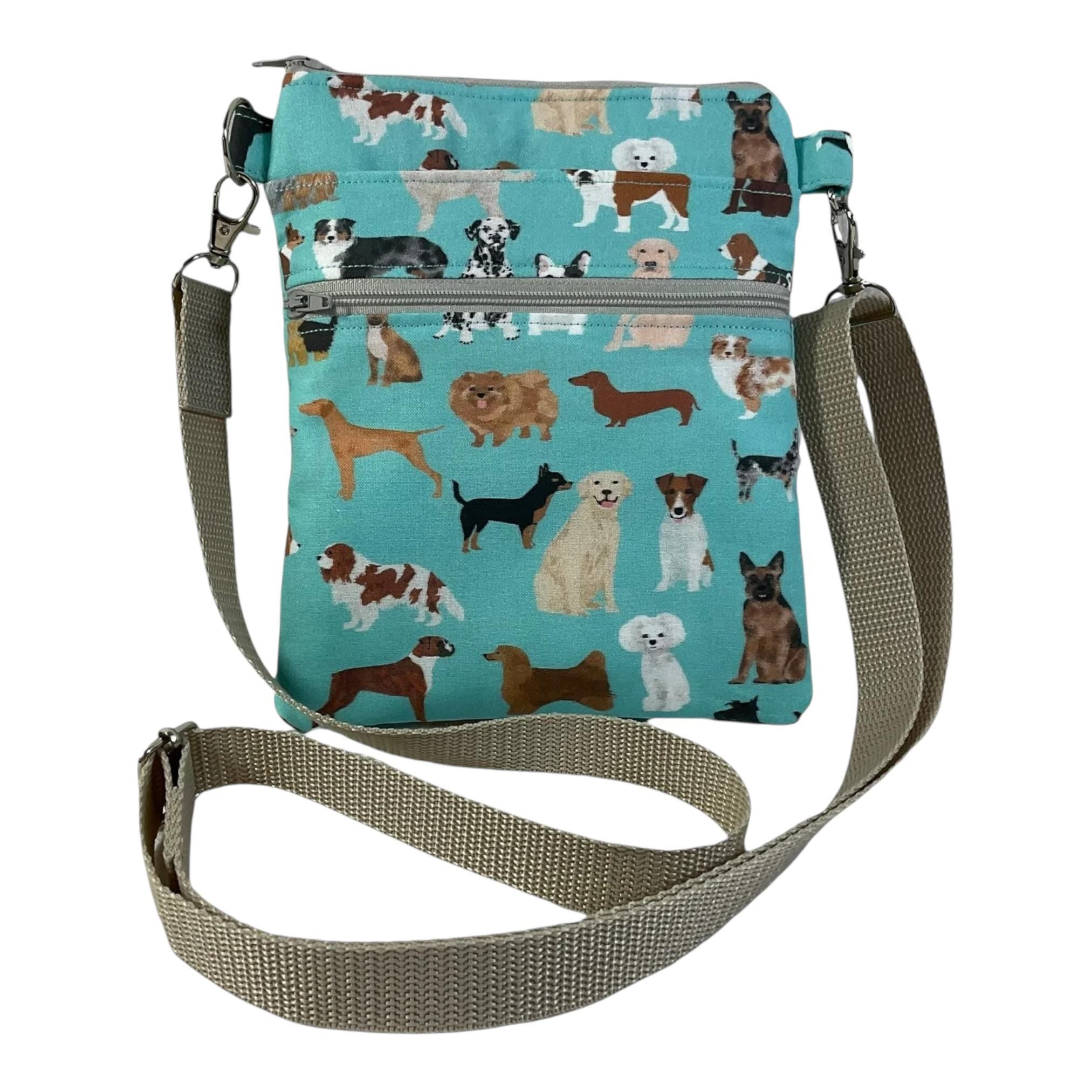 Slim phone shoulder bag with multi pockets and dog print, teen messenger phone pouch, mini clutch bag, clubbing festival bag, dog lover gift