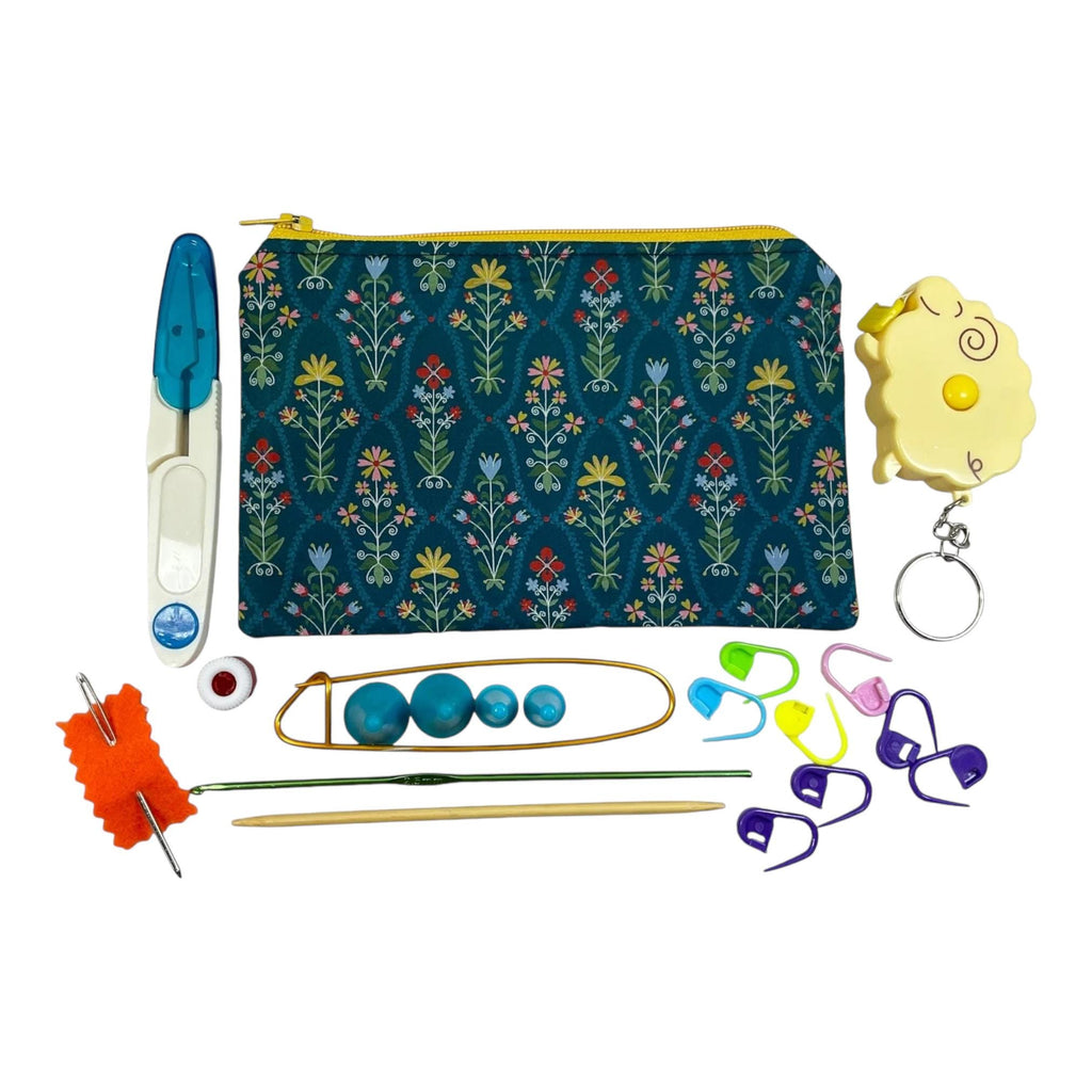 Notions kit for Knitters and crochet in liberty fabric and filled with craft tools, floral travel knitting kit, scissors, stitch holder
