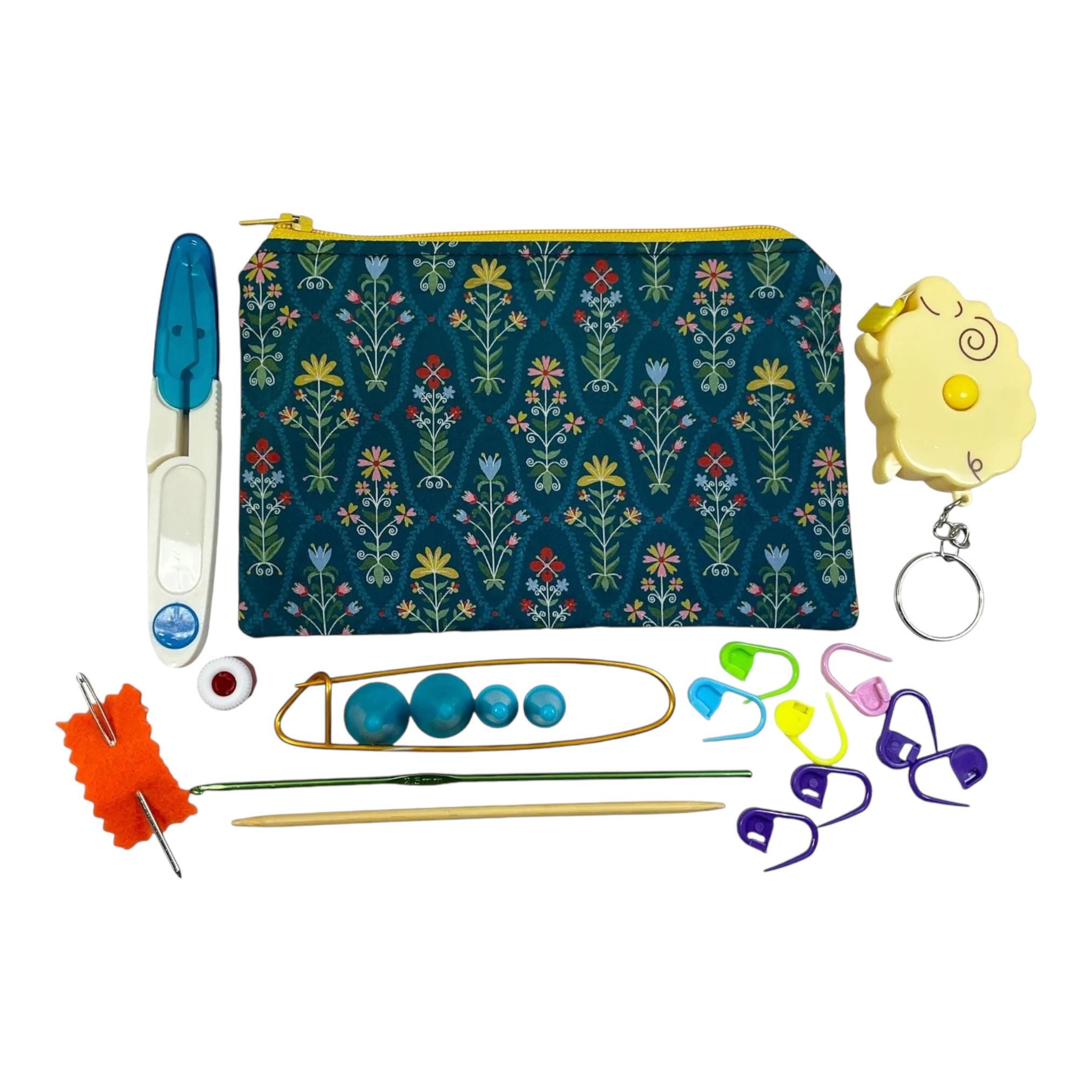 Notions kit for Knitters and crochet in liberty fabric and filled with craft tools, floral travel knitting kit, scissors, stitch holder