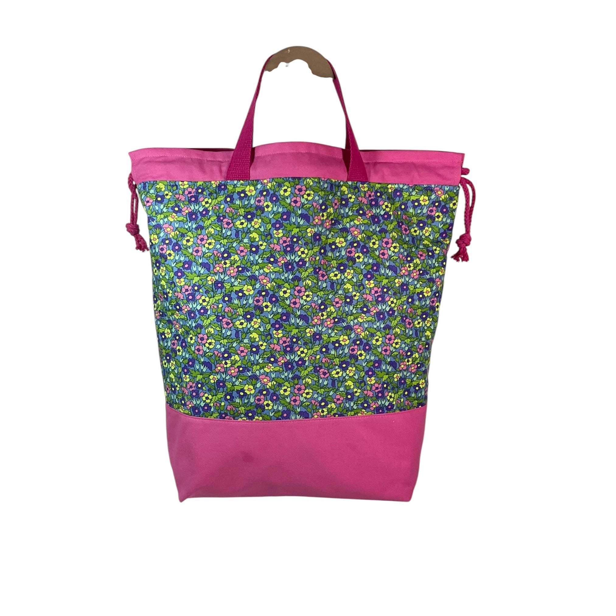 Liberty fabric Extra Large drawstring knitting bag with floral print, multi pockets project  bag with handle, flower lover gift