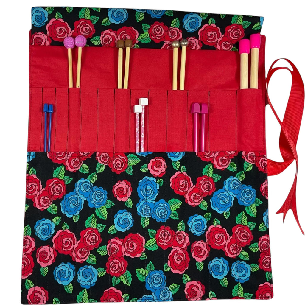 Red rose print Straight knitting needle case, floral  needle roll, ribbon tie storage, knitting accessories, knitters gift,needle organiser