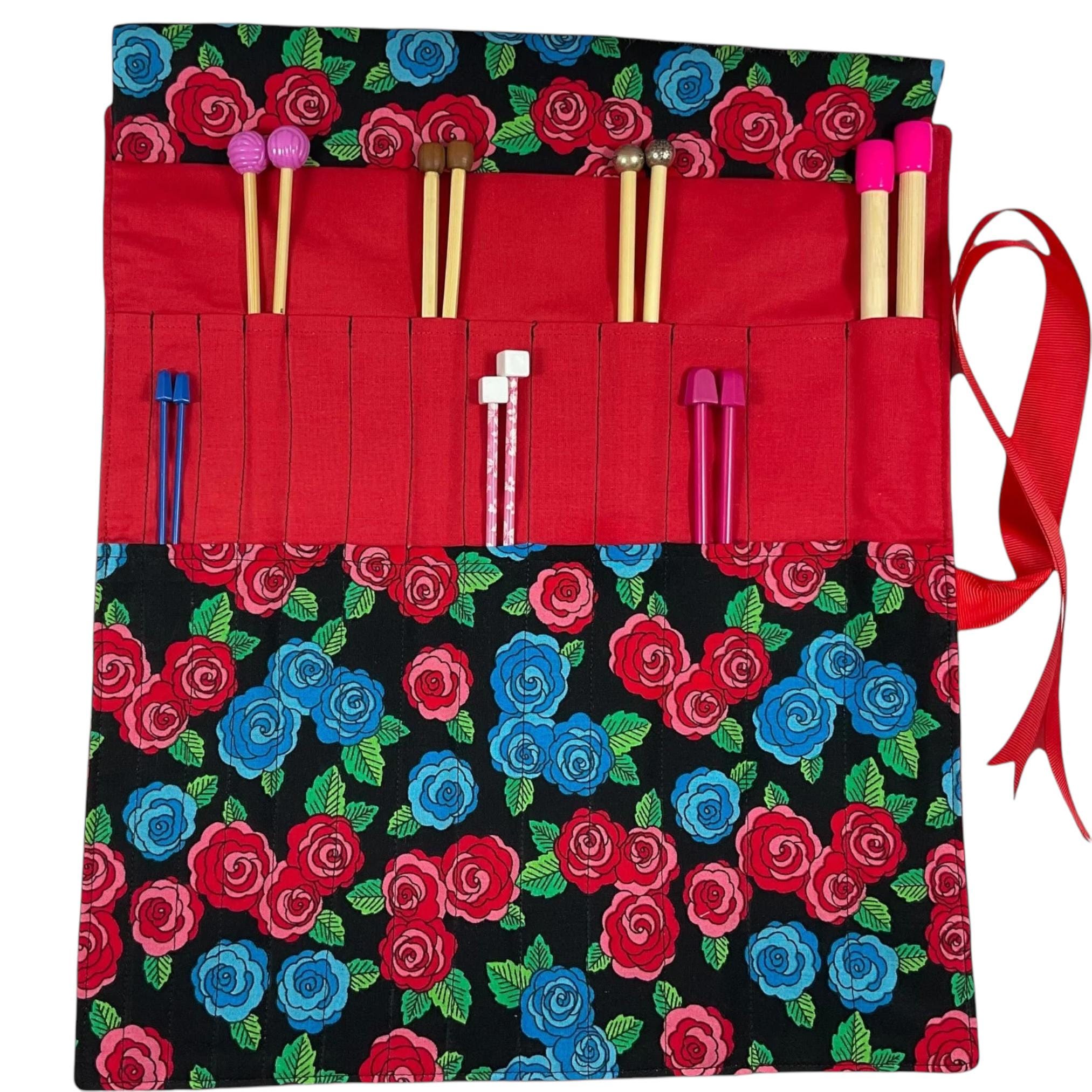 Red rose print Straight knitting needle case, floral  needle roll, ribbon tie storage, knitting accessories, knitters gift,needle organiser