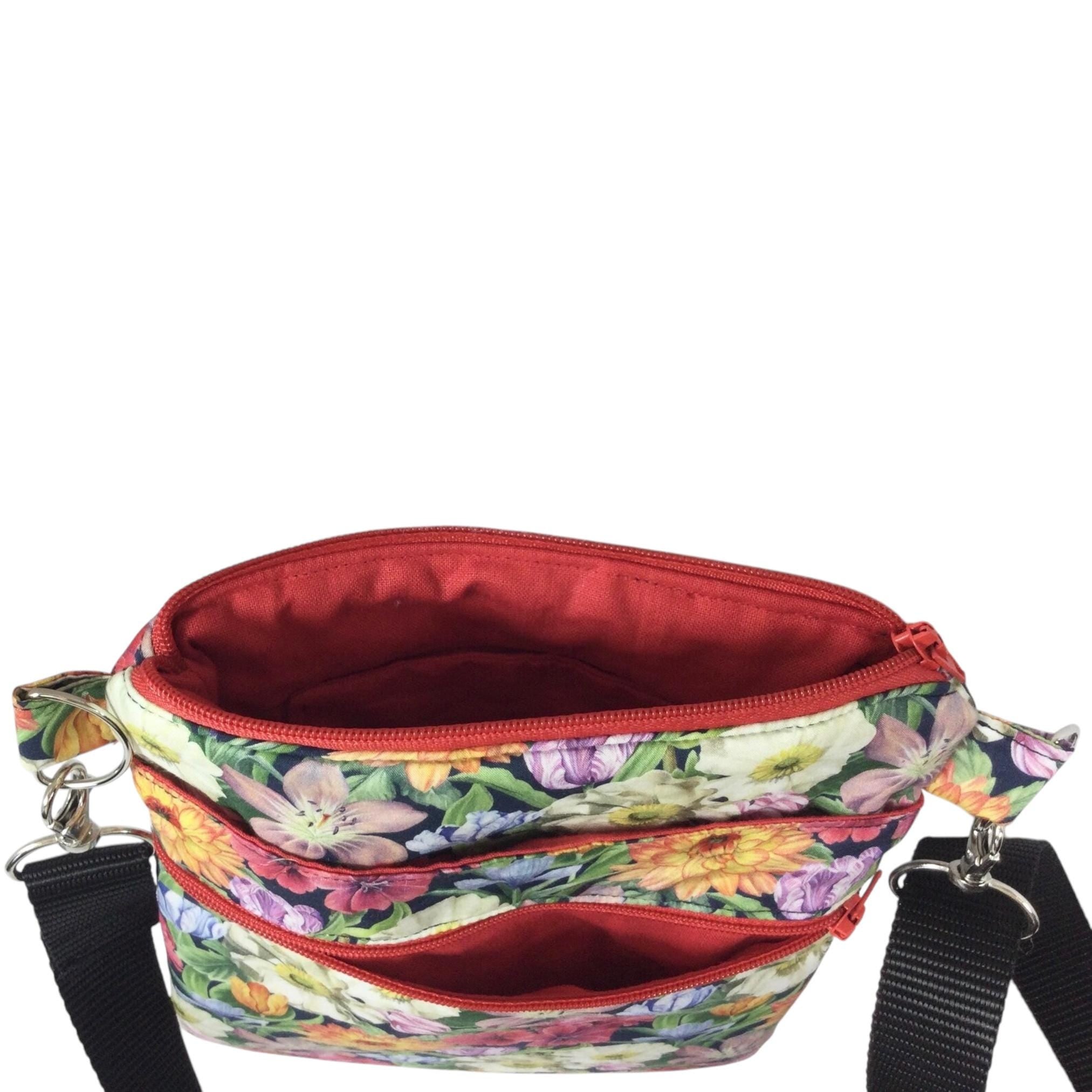 Liberty fabric slim phone shoulder bag with multi pockets, teen messenger style floral phone pouch, mini clutch bag, clubbing festival bag,