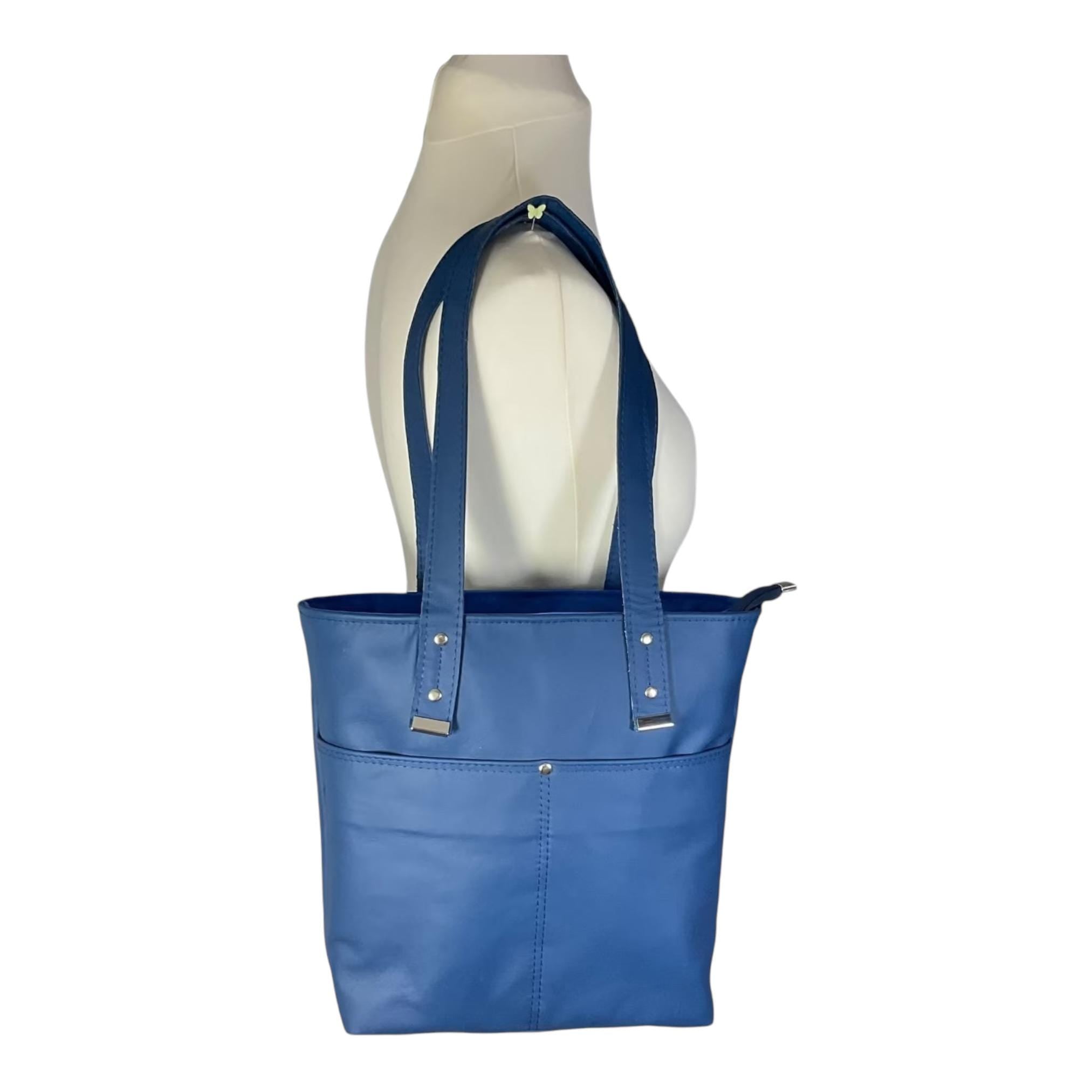Tote bag made of genuine leather, medium sized deep blue shoulder bag