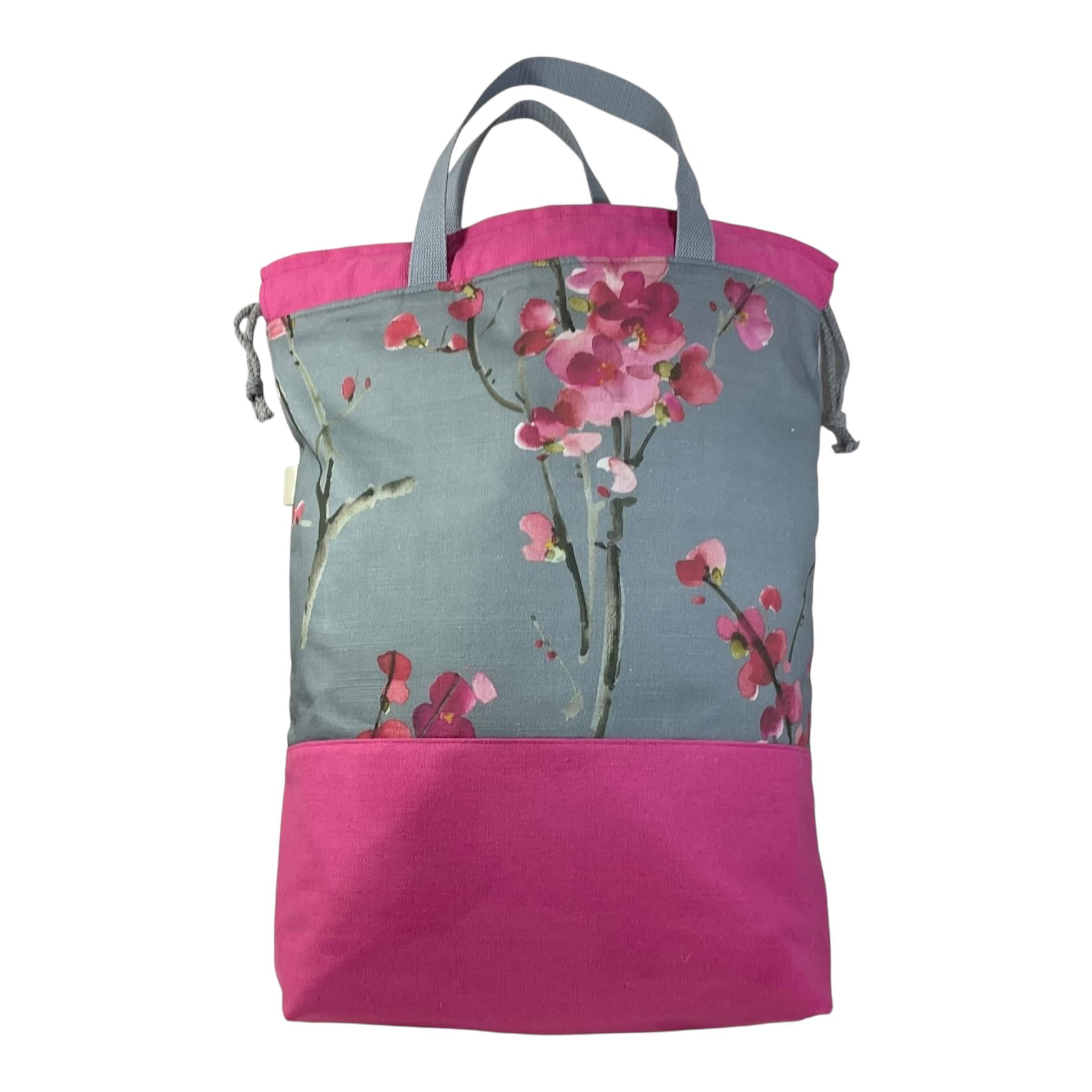 XXL drawstring knitting bag with pink cherry blossom print, supersized multi pockets  project bag with  handles, ladies craft gift