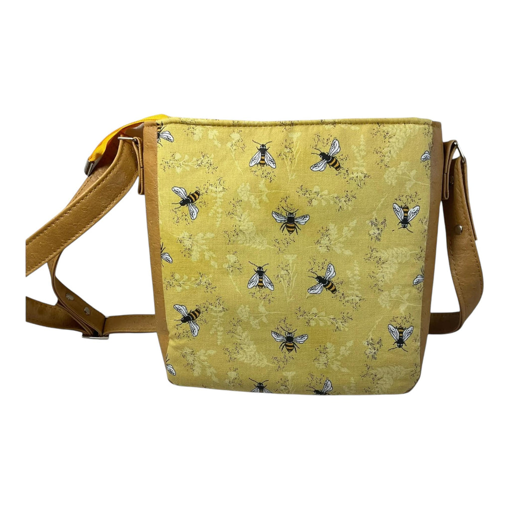 Handbag in faux leather and bee print,  vegan ladies gift, crossbody bag, shoulder zip pouch