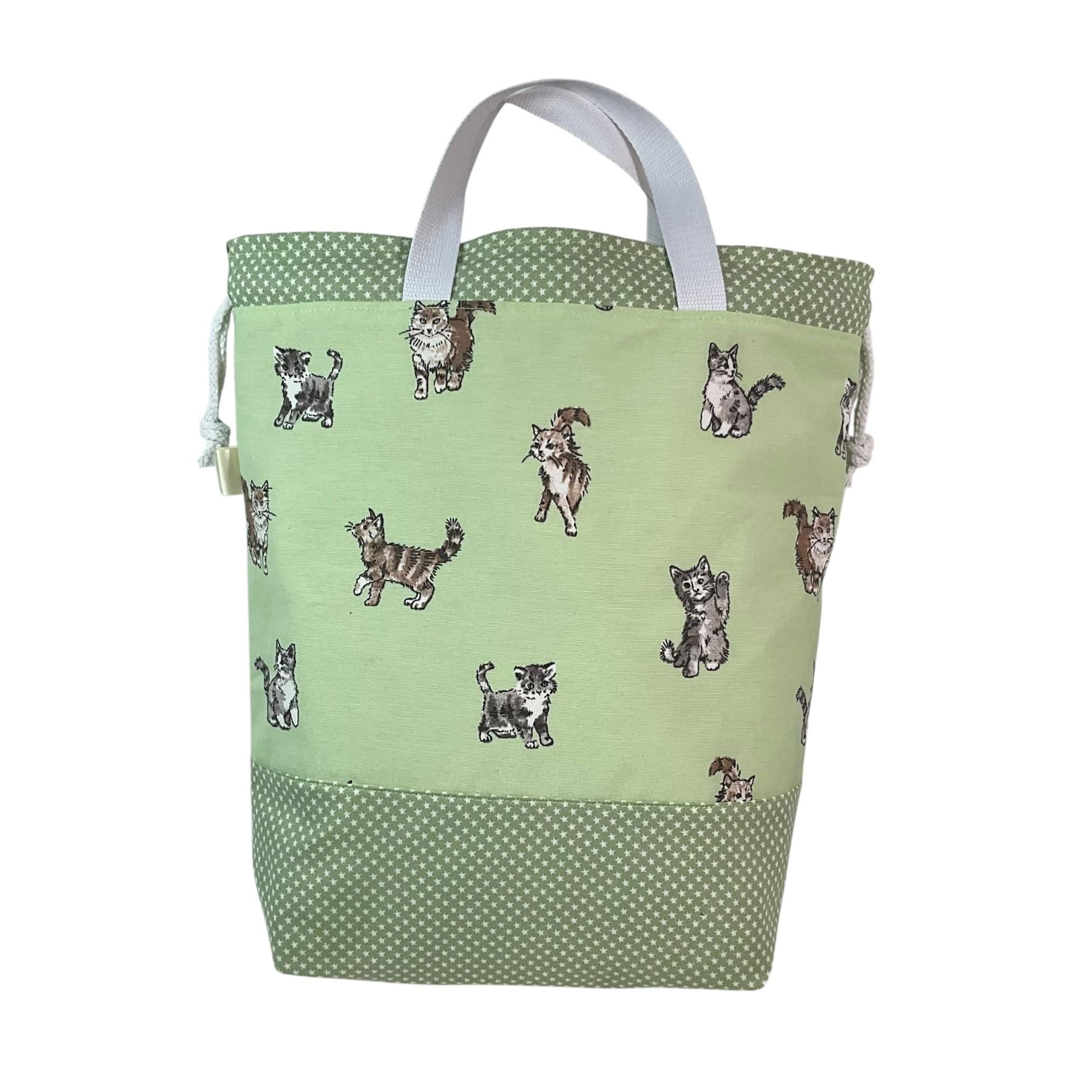 Extra Large drawstring knitting bag with cat print, multi pockets project bag with handles