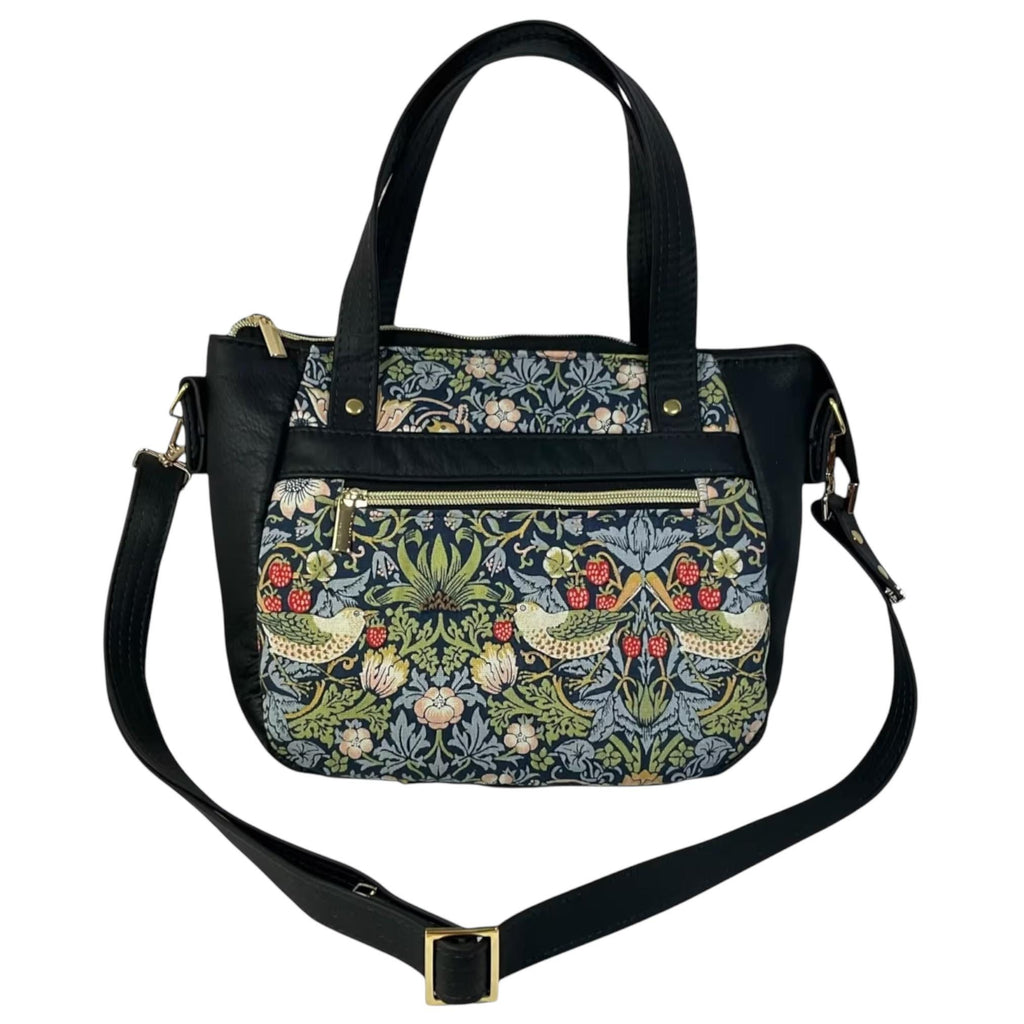 Crossbody Handbag in genuine Leather and strawberry thief print, William Morris print shoulder bag, zip pocket adjustable strap organiser