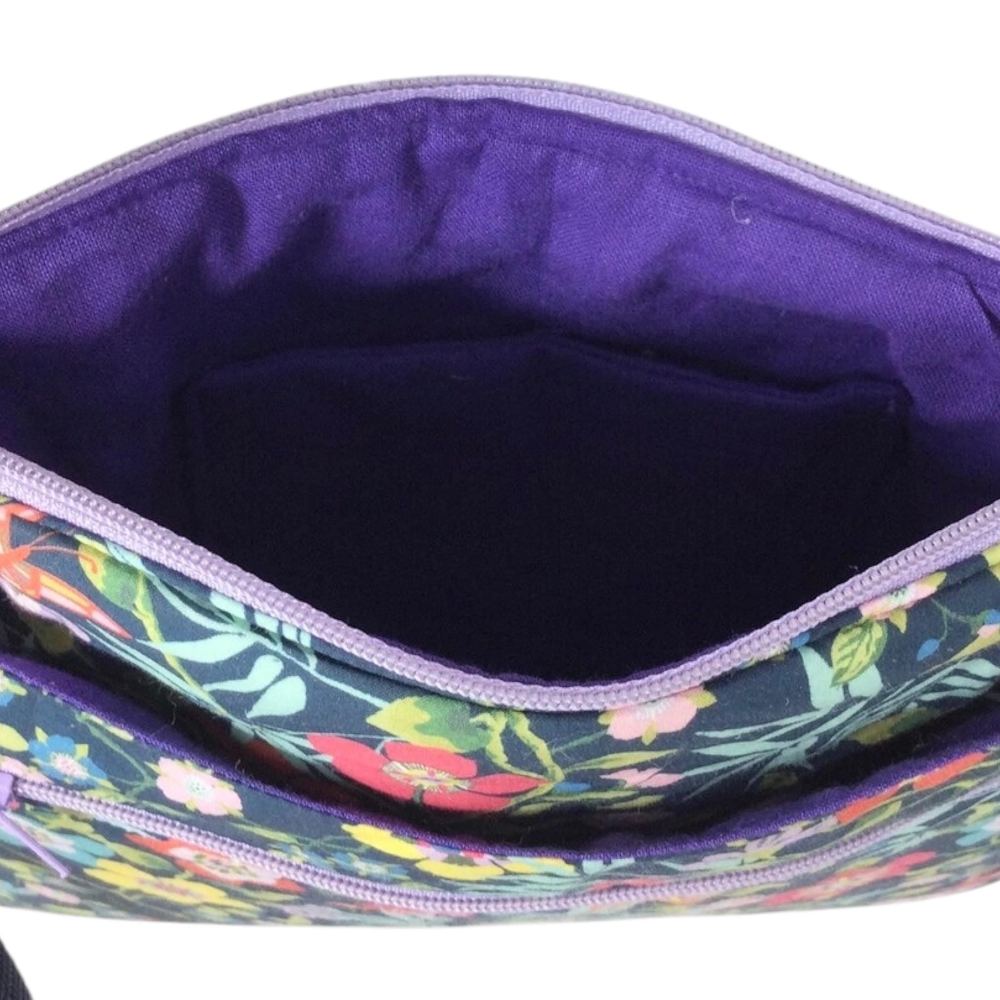 Liberty fabric slim shoulder bag with multi pockets, messenger style paisley  floral phone purse