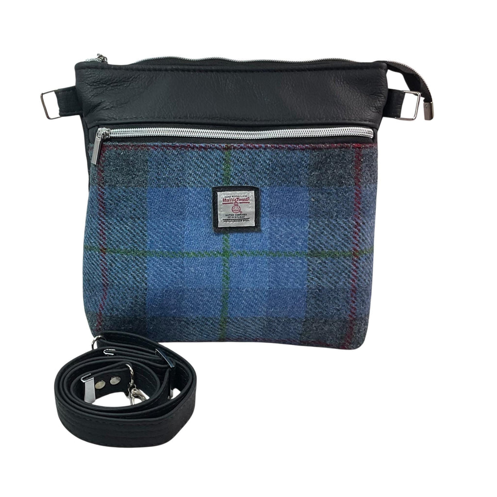 Handbag in genuine leather and Harris tweed tartan print pure wool,  blue and red  check medium sized zip top shoulder bag