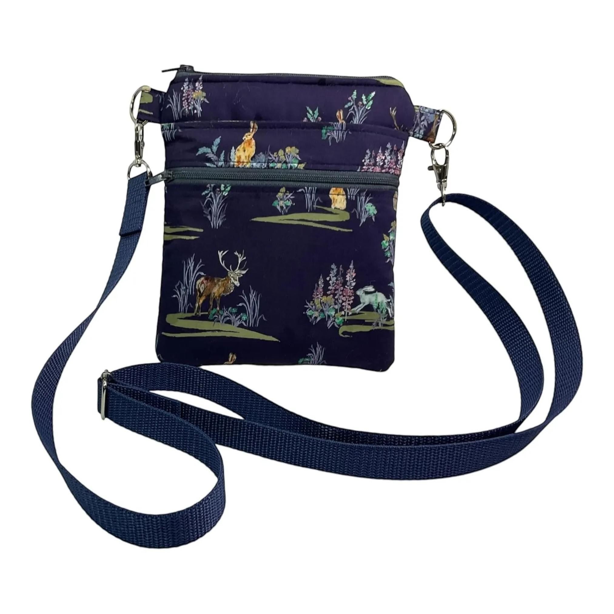 Liberty fabric slim phone shoulder bag with multi pockets, teen messenger style floral phone pouch, mini clutch bag, clubbing festival bag,