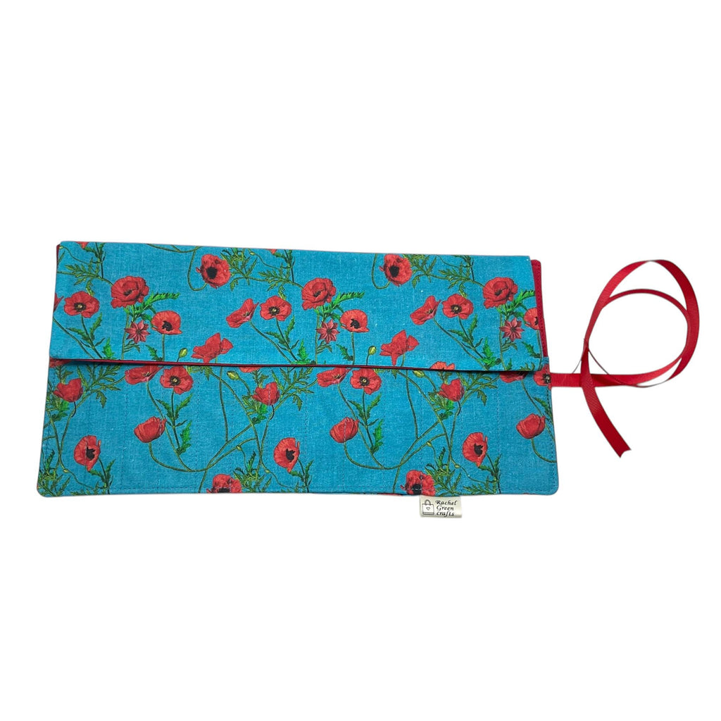 Crochet hook case  with pretty floral poppies print, Ergonomic hook organiser, roll up short Dpn case, crochet lover gift, knitters gift,