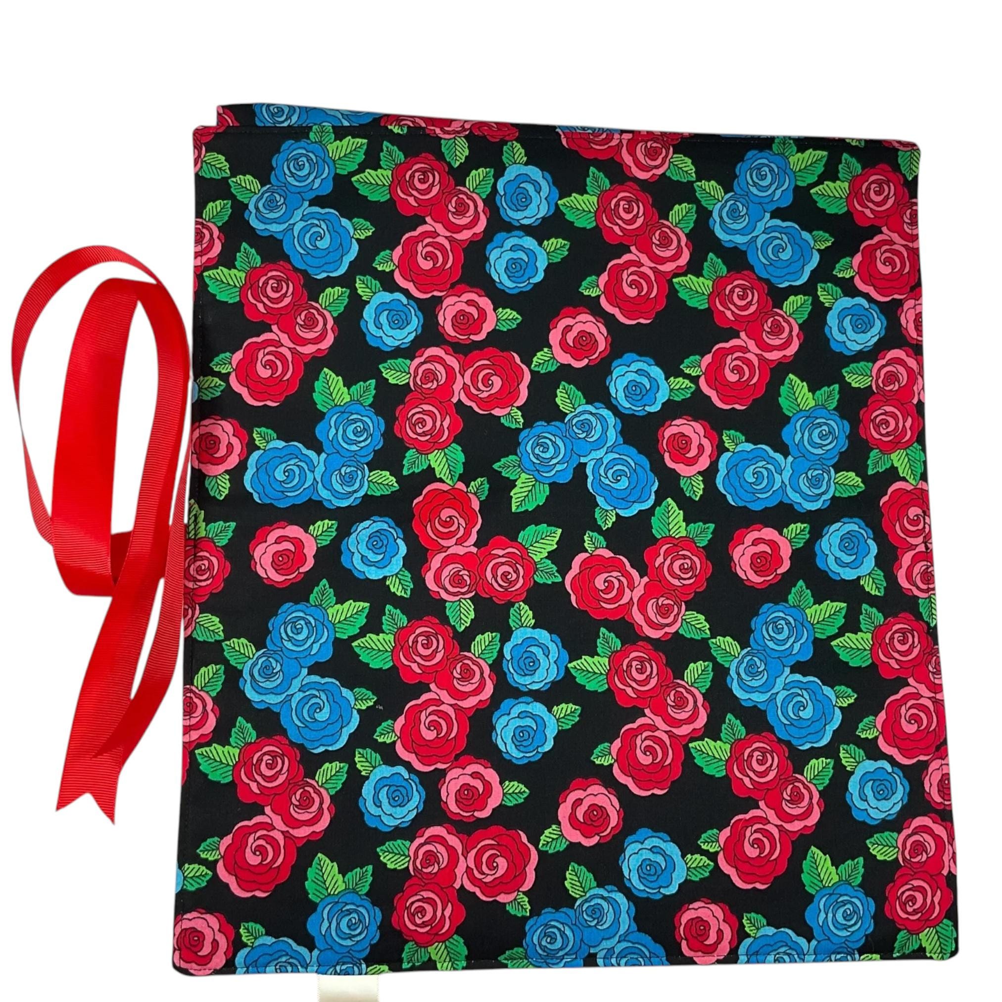 Red rose print Straight knitting needle case, floral  needle roll, ribbon tie storage, knitting accessories, knitters gift,needle organiser