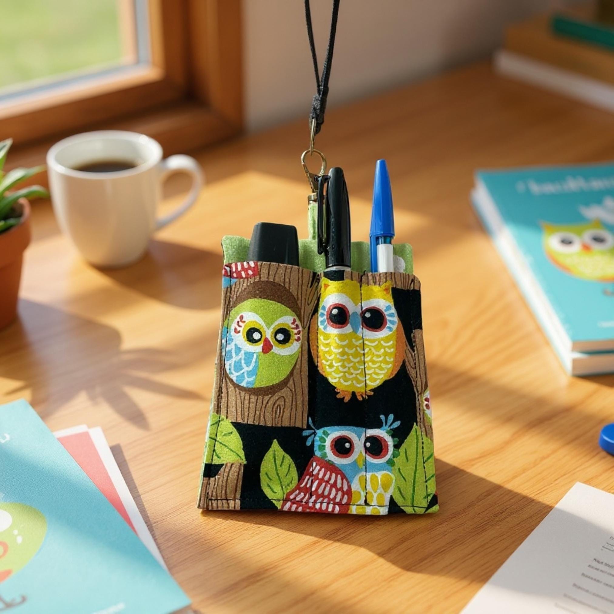pen holder for highlighter pen clips onto neck lanyard , wide clip on pen pouch, 3 pen fabric pen case, handbag keychain pen holder