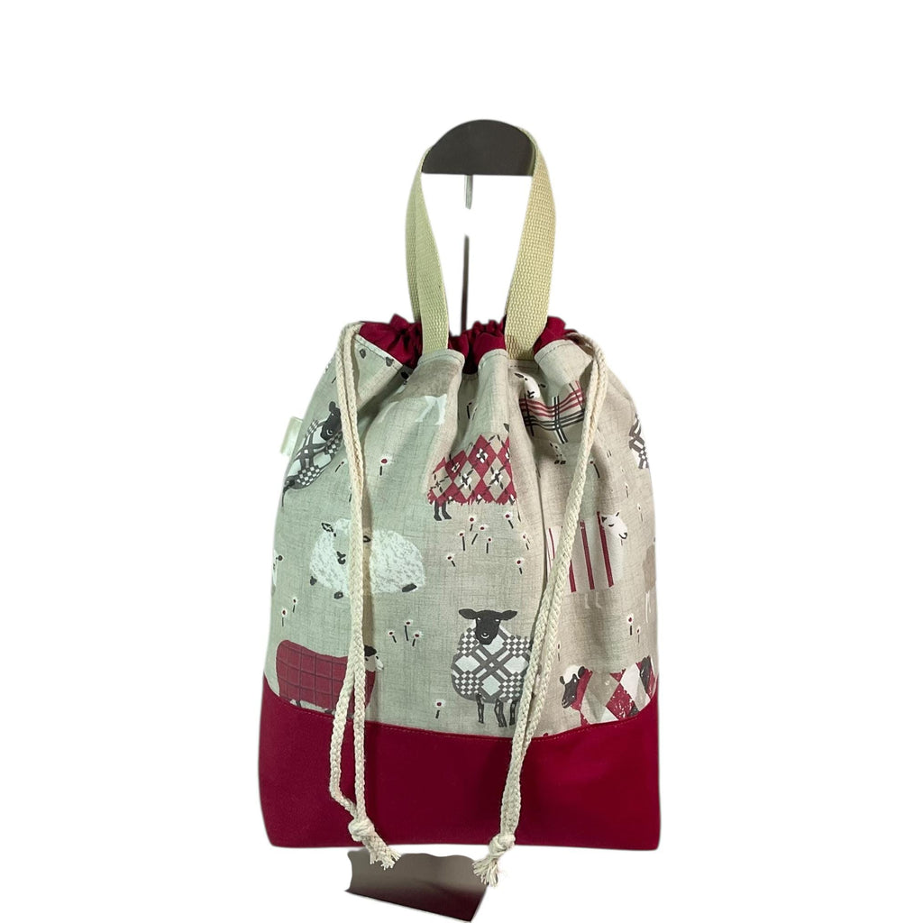Extra Large drawstring knitting bag with red sheep print, multi pockets project bag with handles