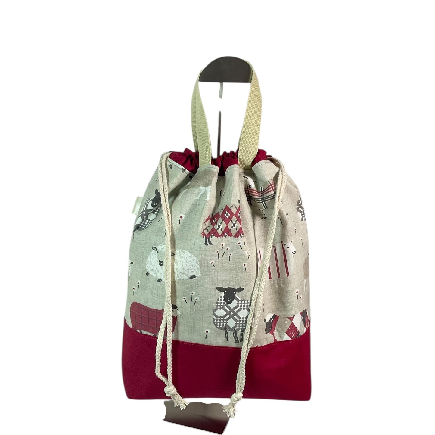 Extra Large drawstring knitting bag with red sheep print
