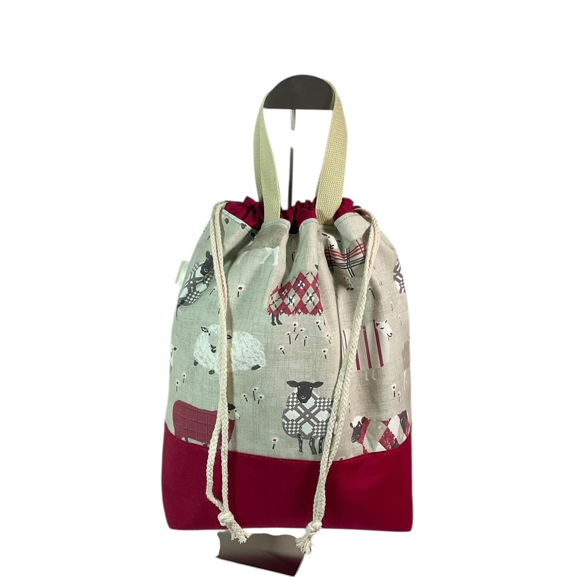 Extra Large drawstring knitting bag with red sheep print, multi pockets project bag with handles