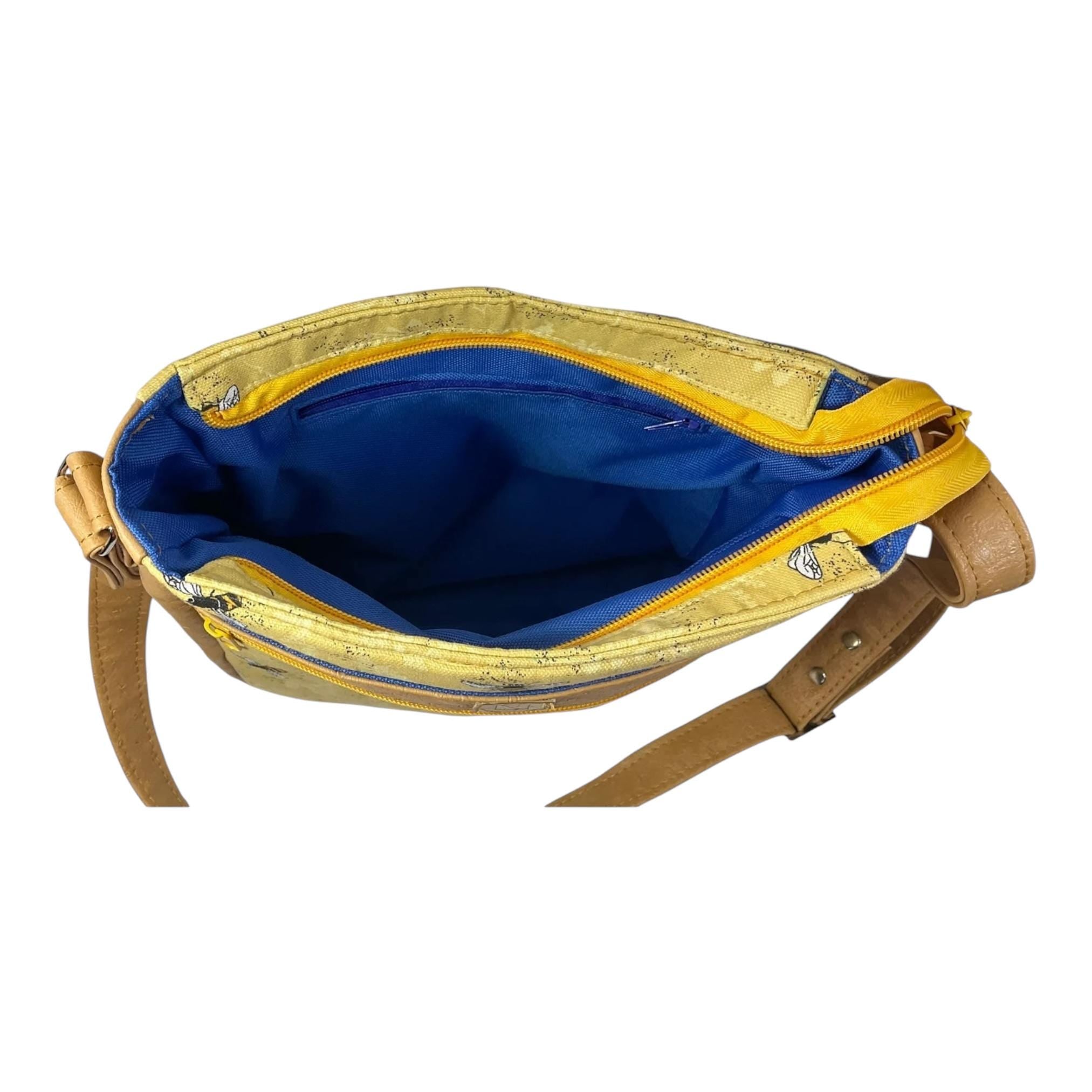 Handbag in faux leather and bee print,  vegan ladies gift, crossbody bag, shoulder zip pouch