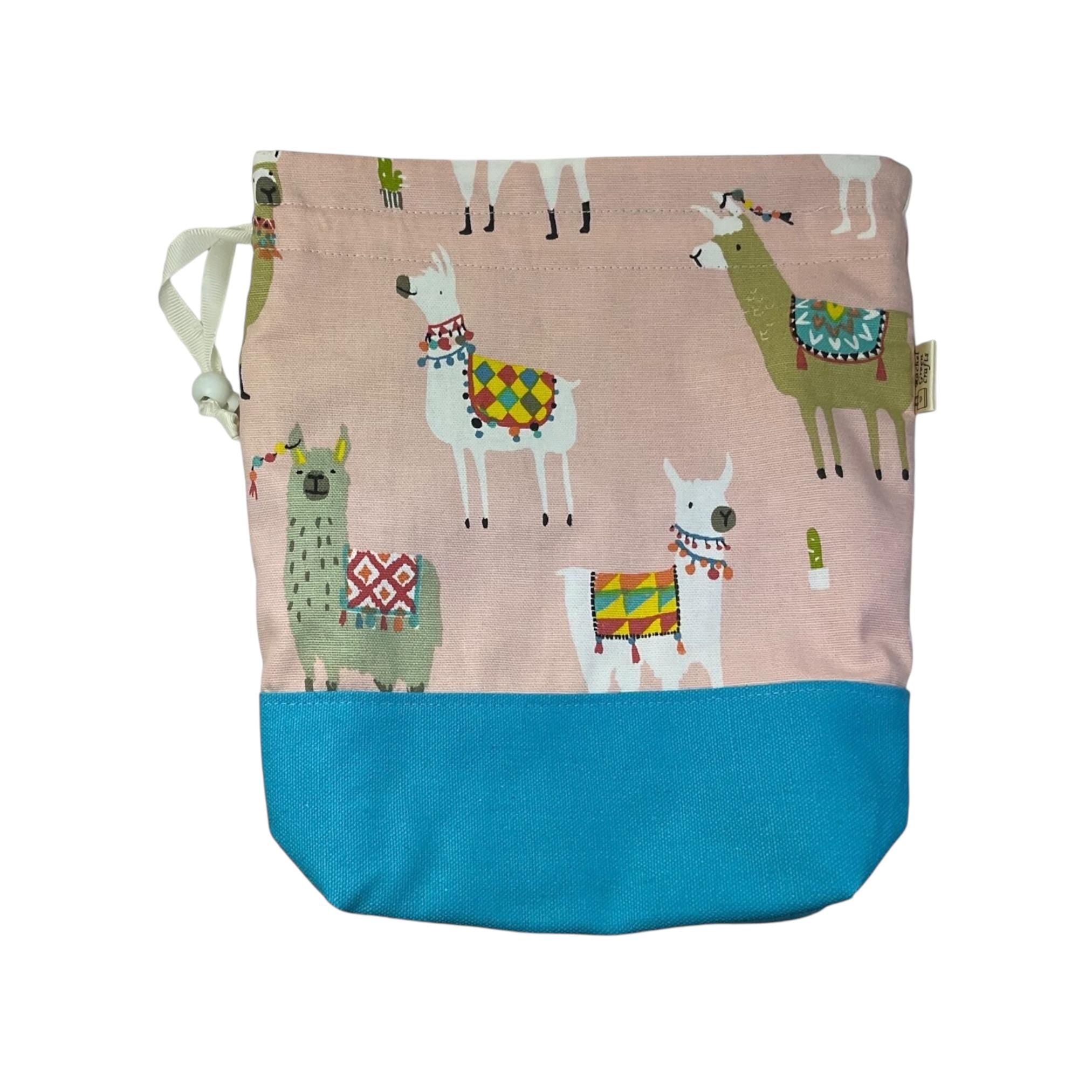 Two at a time knitting bag with llamas, blue medium sock sack, drawstring divided, shoe, toiletries pouch, work in progress, WIP bag