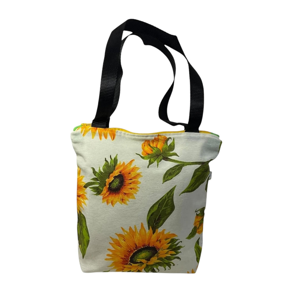 Small zip top canvas tote bag with sunflowers ,floral lover small cotton book purse, bag with pockets  , gift for girls