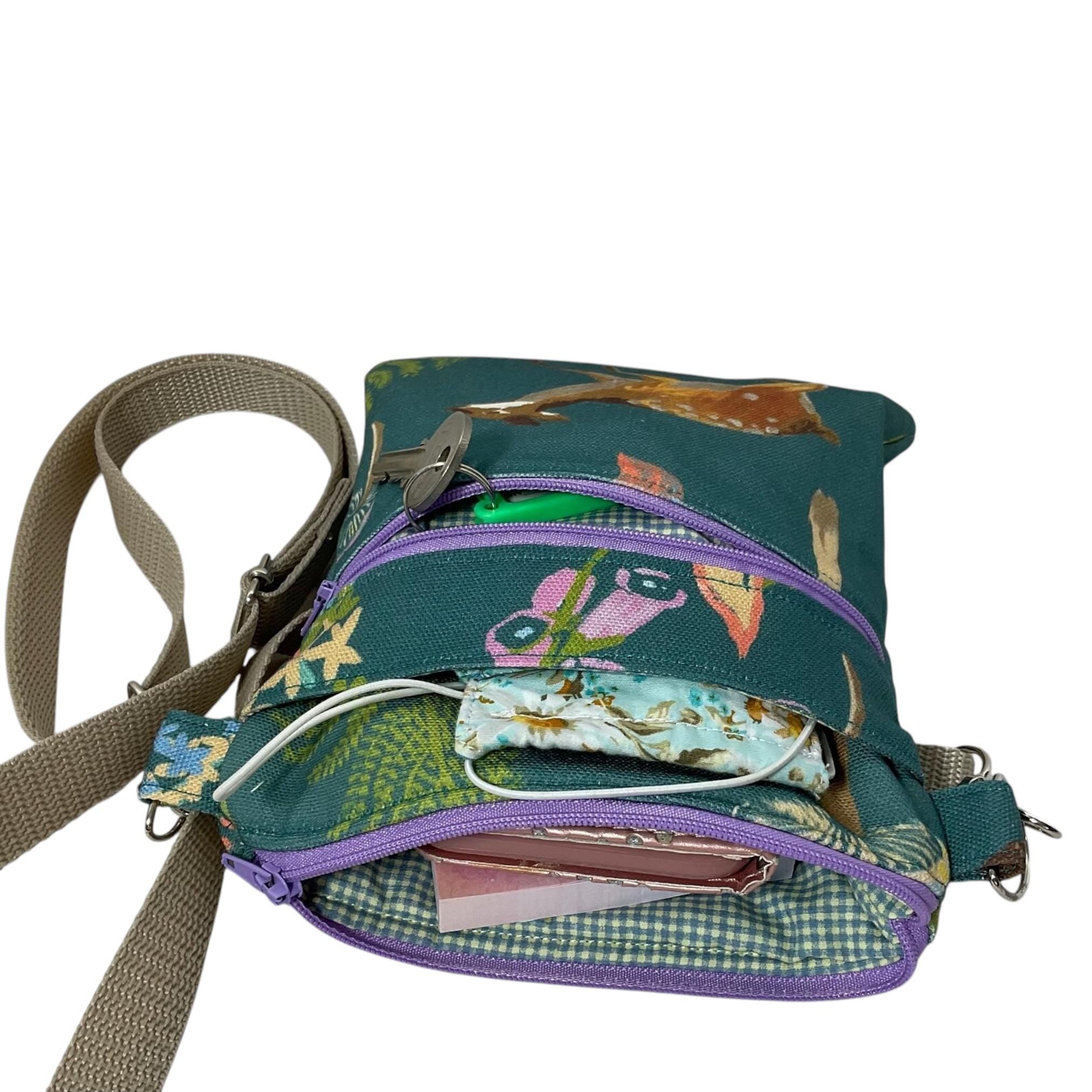 Floral small shoulder phone bag with gold accents, Butterfly handbag, bird teenager purse, essentials bag