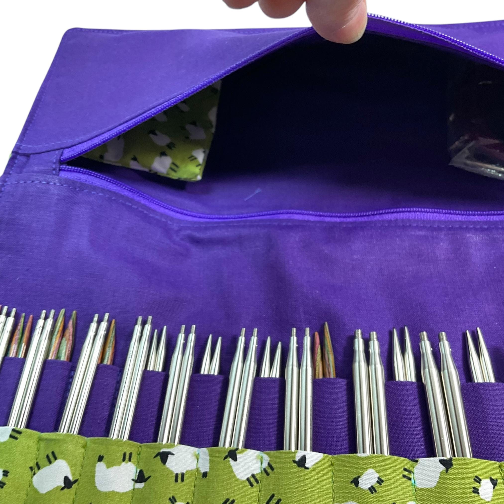 Interchangeable knitting needle case with all over sheep print, 2 sets, addi case, chiagoo wallet, knit pro organiser pouch, hiya hiya case,