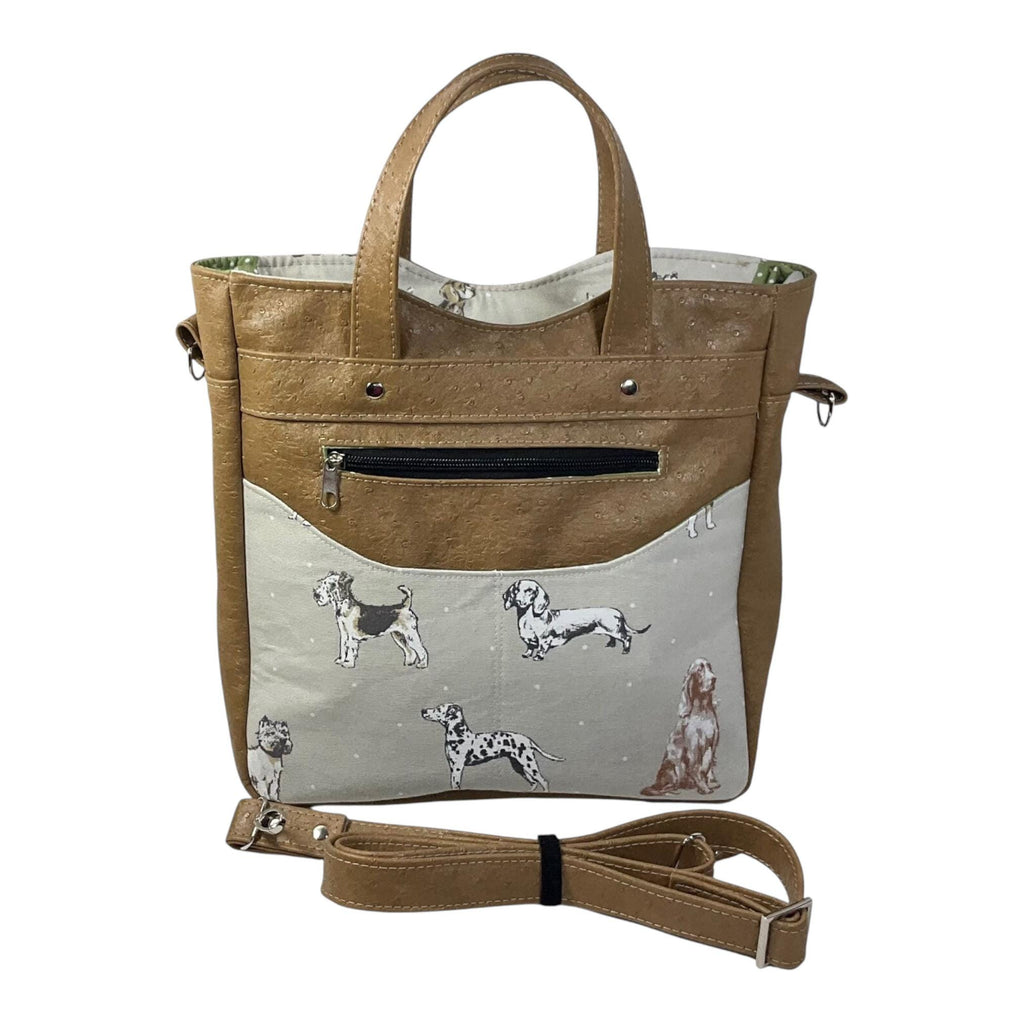 Handbag in faux leather and dog print, pet dog lover vegan ladies gift, handles and crossbody strap bag, shoulder zip pouch