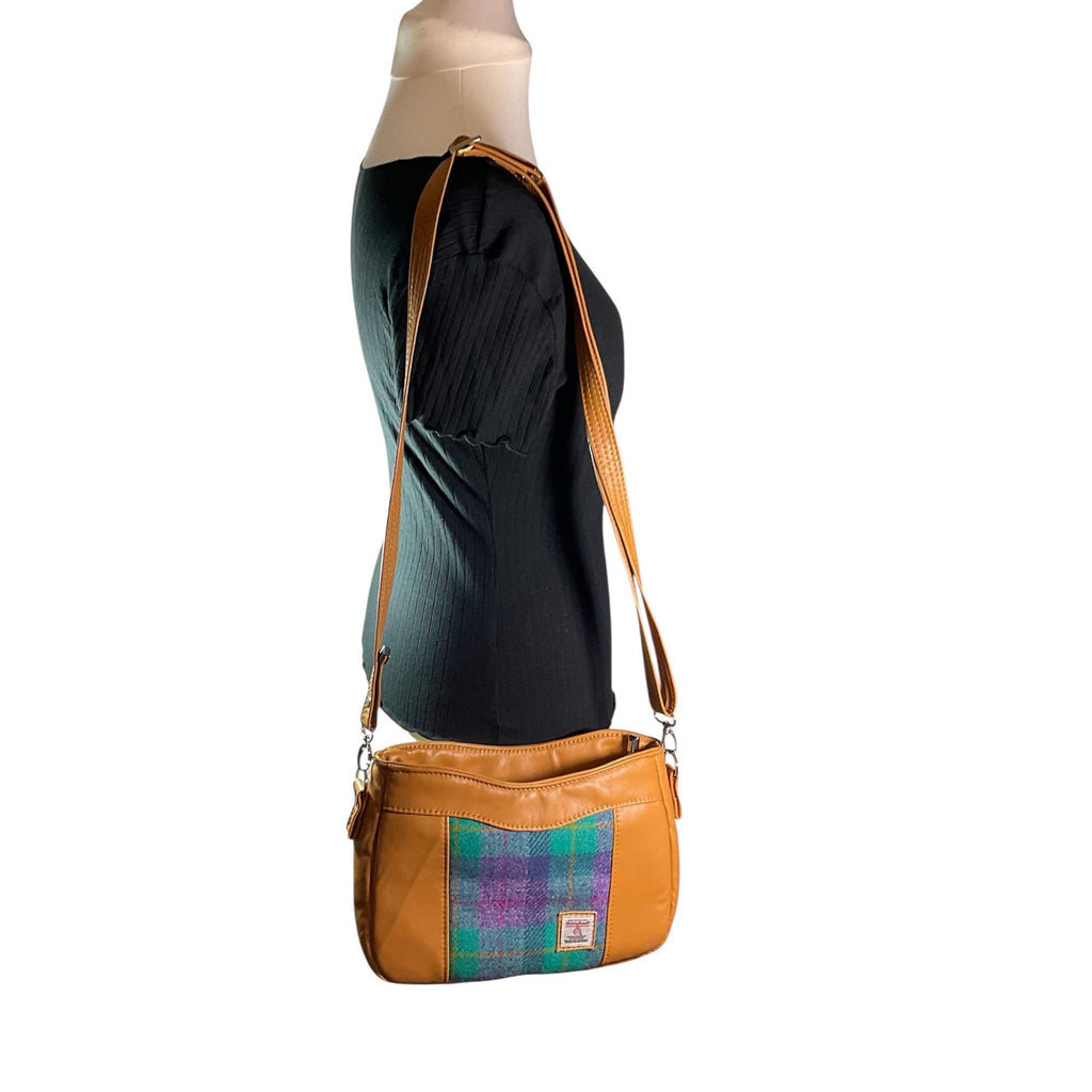 Handbag in genuine leather and Harris tweed tartan print pure wool, green and purple check medium sized zip top shoulder bag