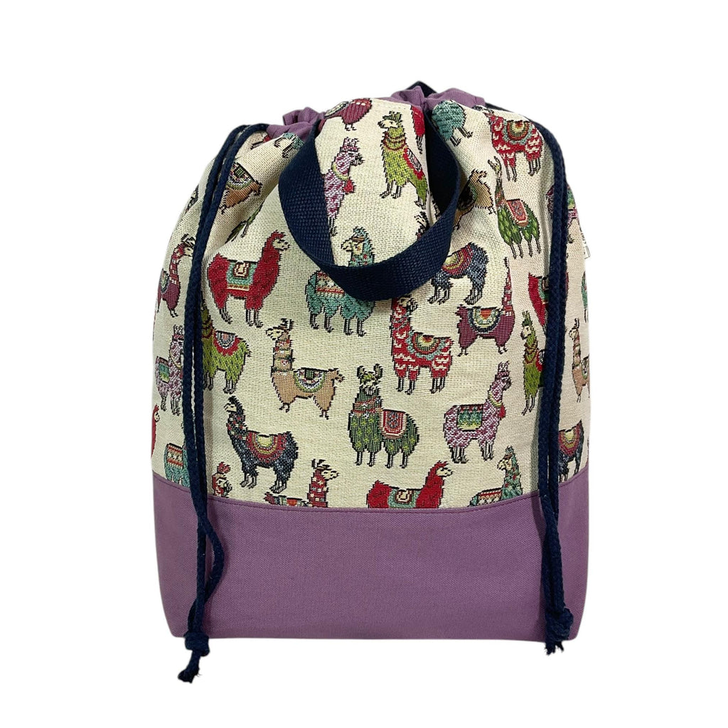 Extra Large canvas drawstring knitting bag with llamas print, multi pockets project bag with handles