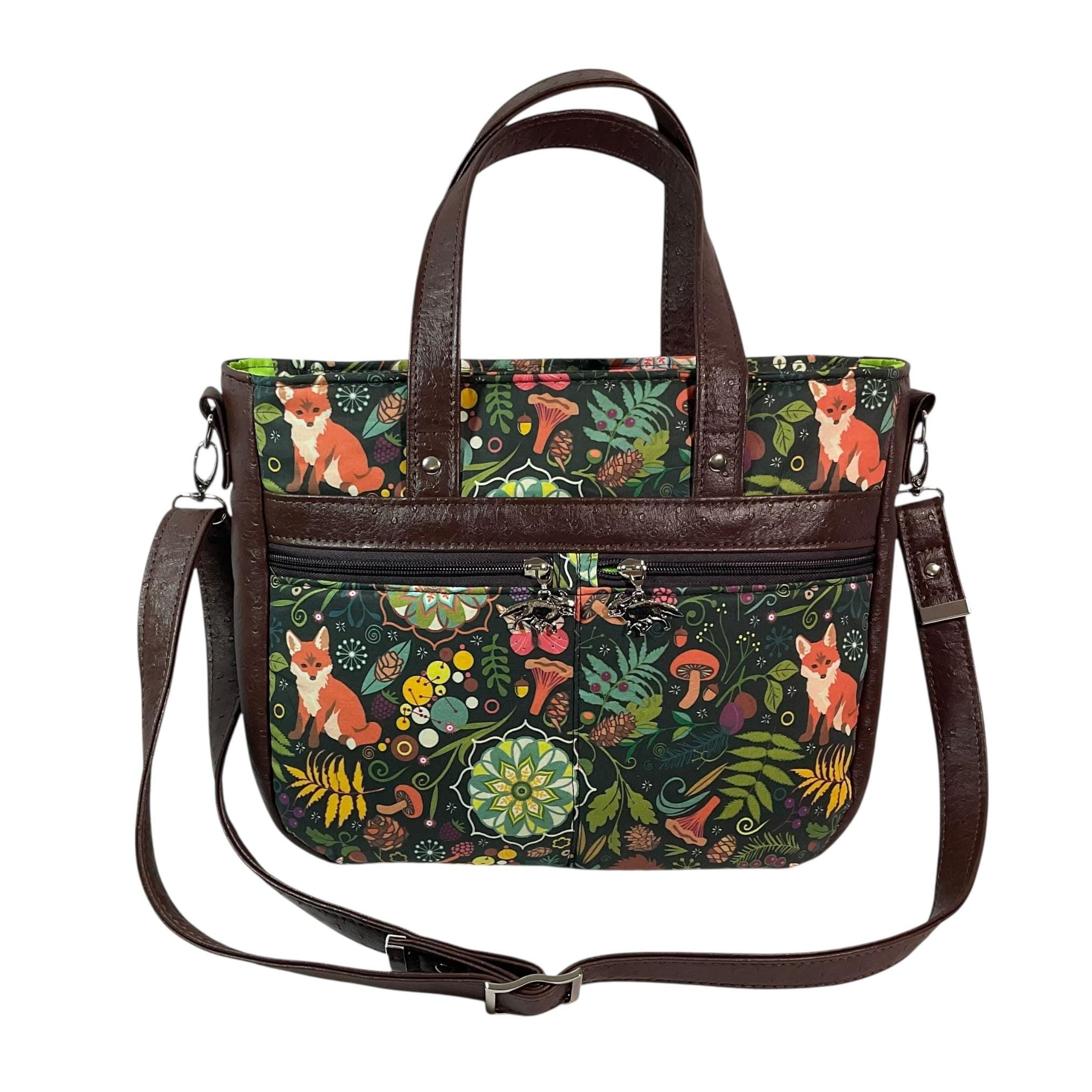 Crossbody Handbag in fox and squirrel print,  made in chocolate shade faux leather,  large woodland shoulder tote, zip pocket,  ladies gift