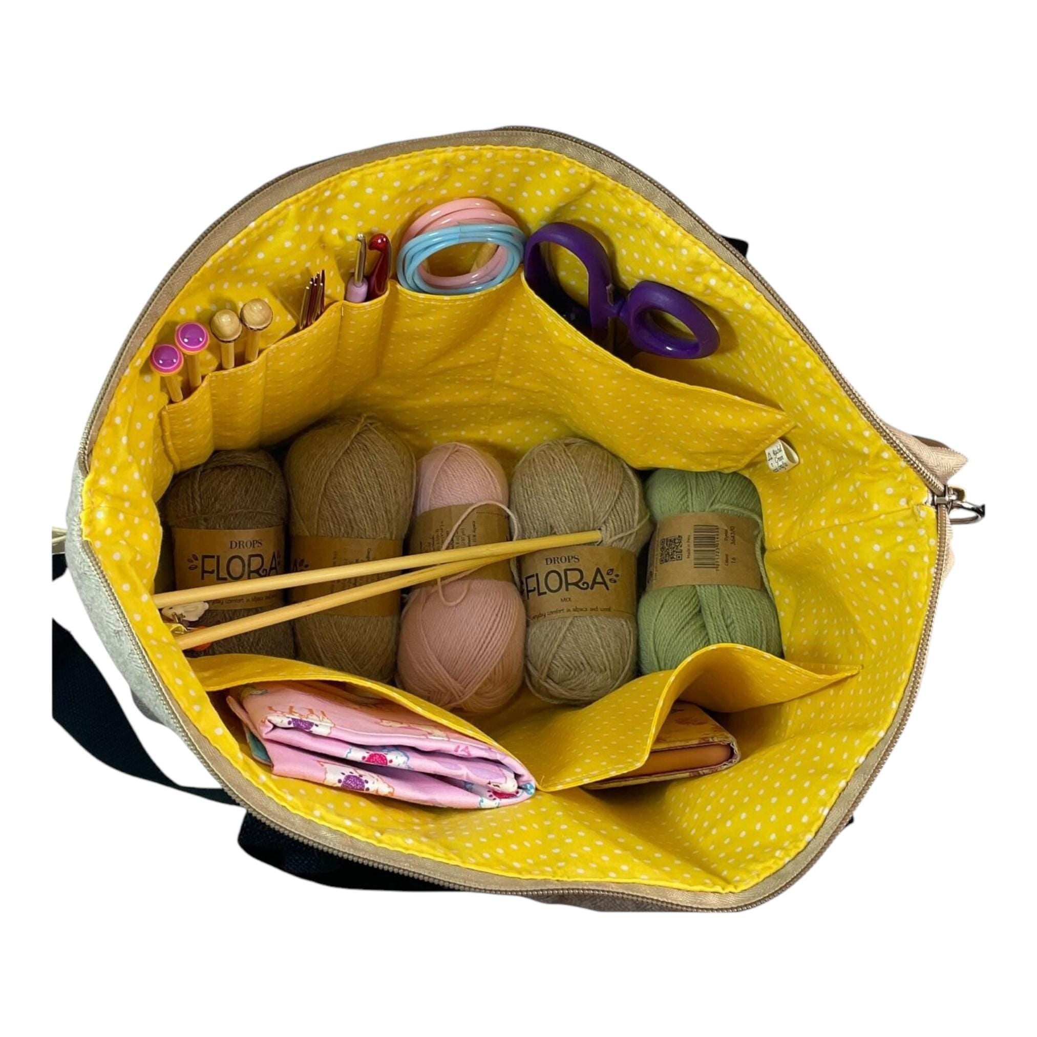Knitting and crochet tote bag with zip top, large bee organiser crossbody bag