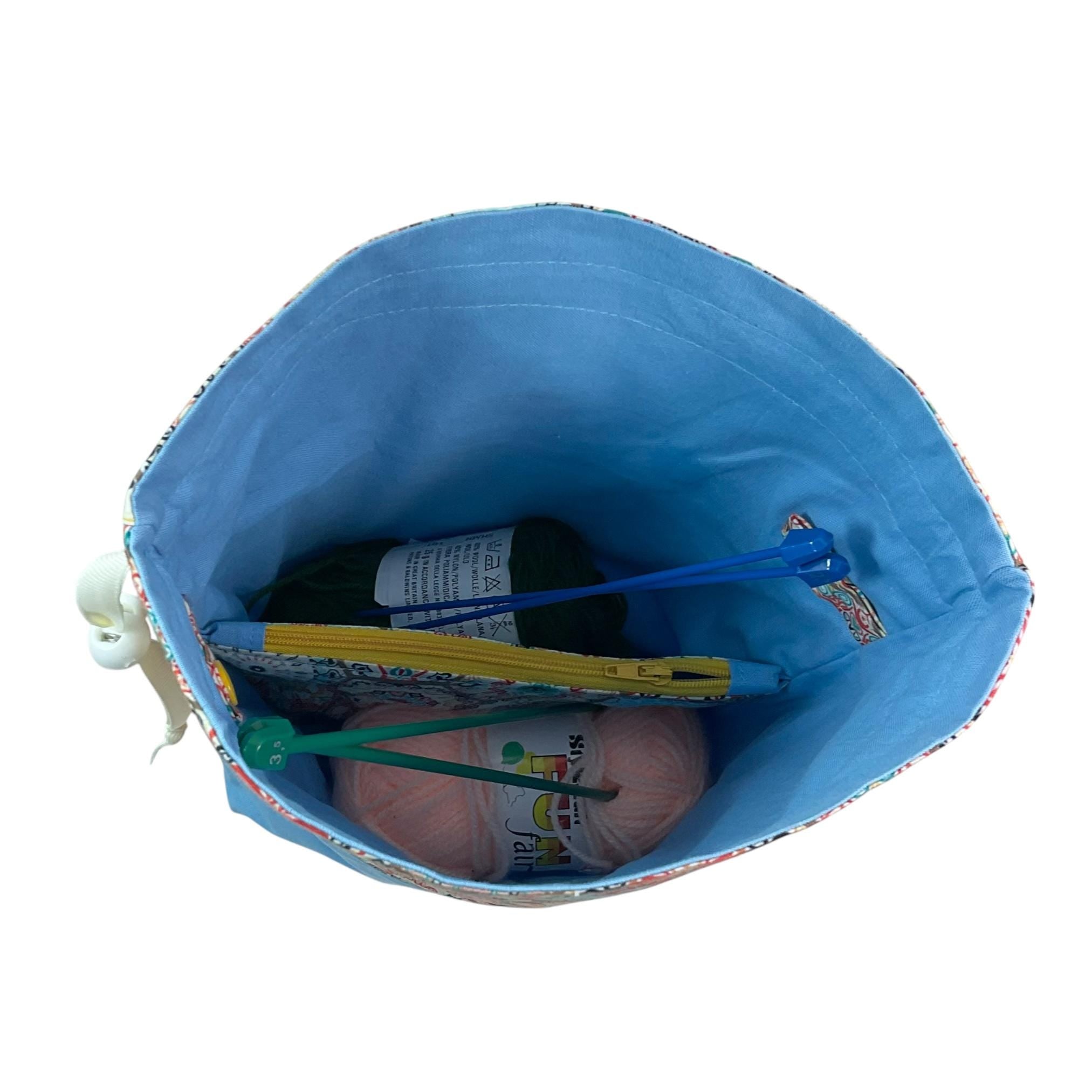 Knitting and crochet bag, Two at a time project bag with floral crochet print, drawstring divided sock sack, yarn work in progress pouch,
