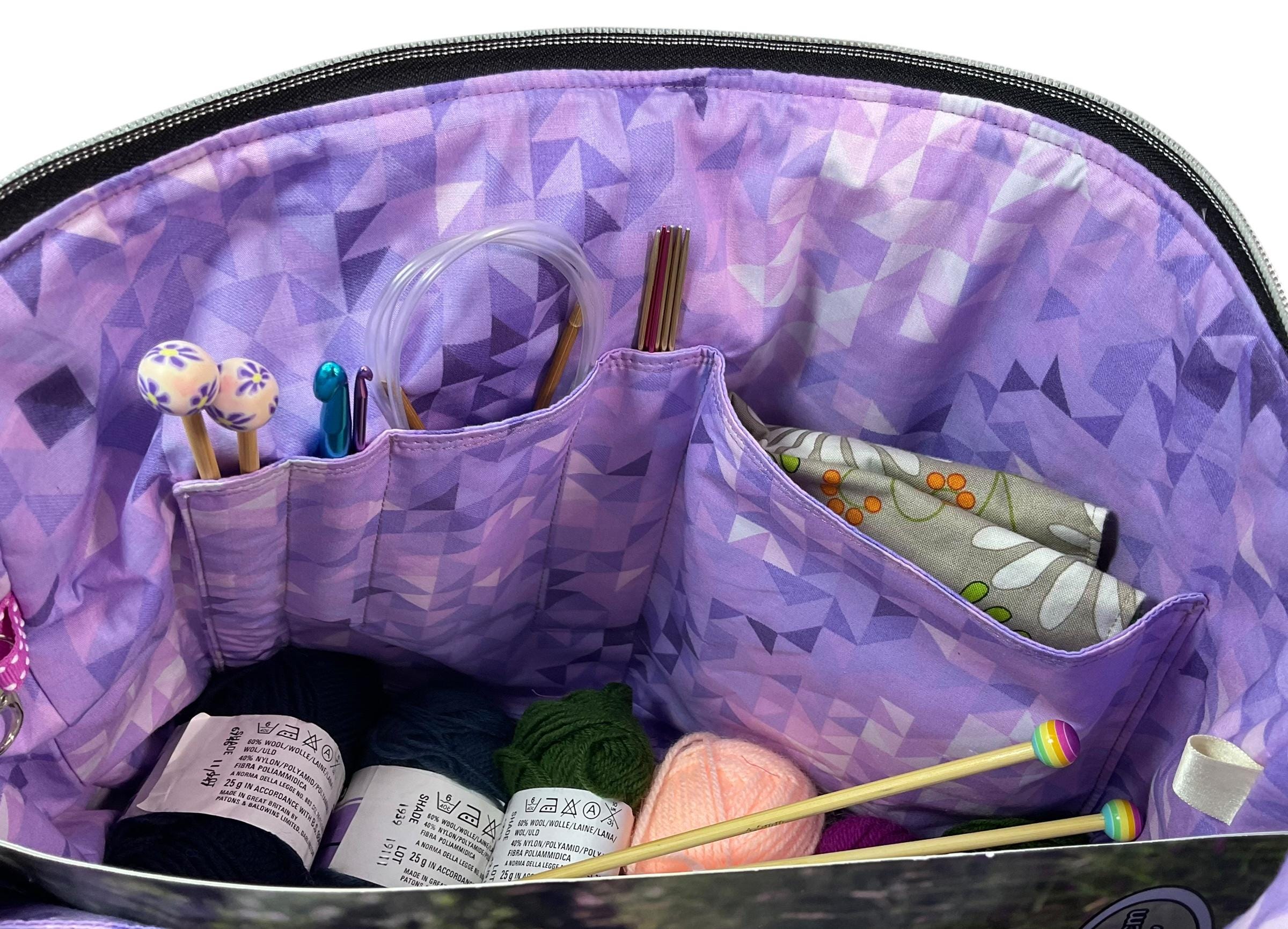 Knitting and crochet tote bag with zip top, large llamas organiser crossbody bag