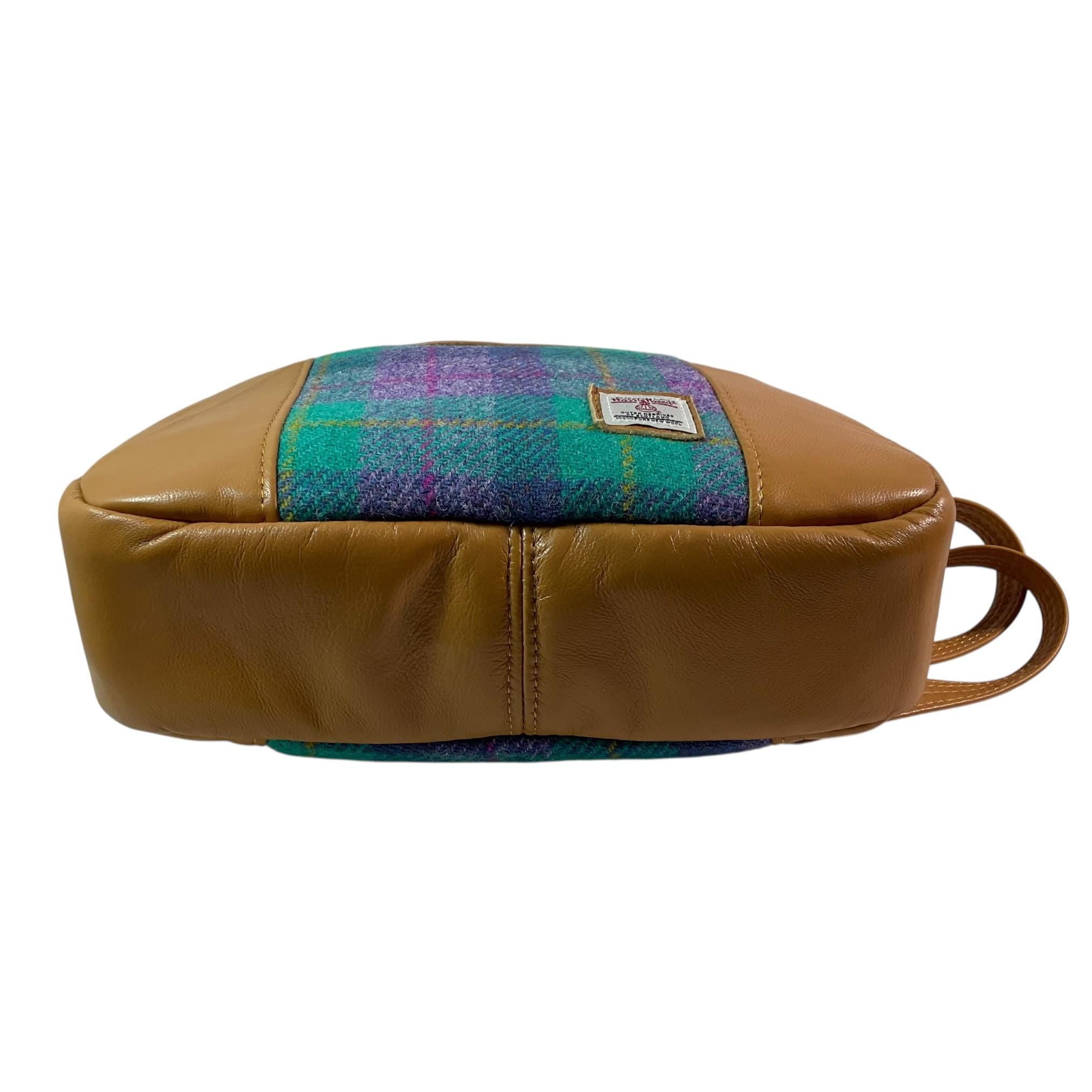 Handbag in genuine leather and Harris tweed tartan print pure wool, green and purple check medium sized zip top shoulder bag