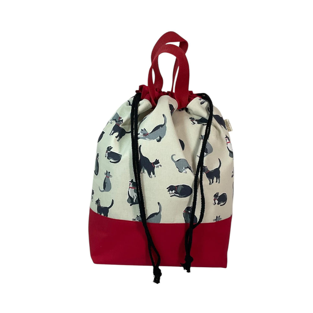Extra Large drawstring knitting bag with cat print, multi pockets project bag with handles