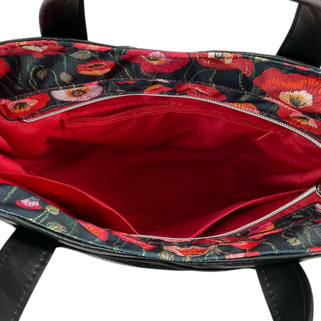 Handbag in faux leather and poppies floral print, vegan ladies gift, handles and crossbody strap bag, rectangular shoulder zip tote
