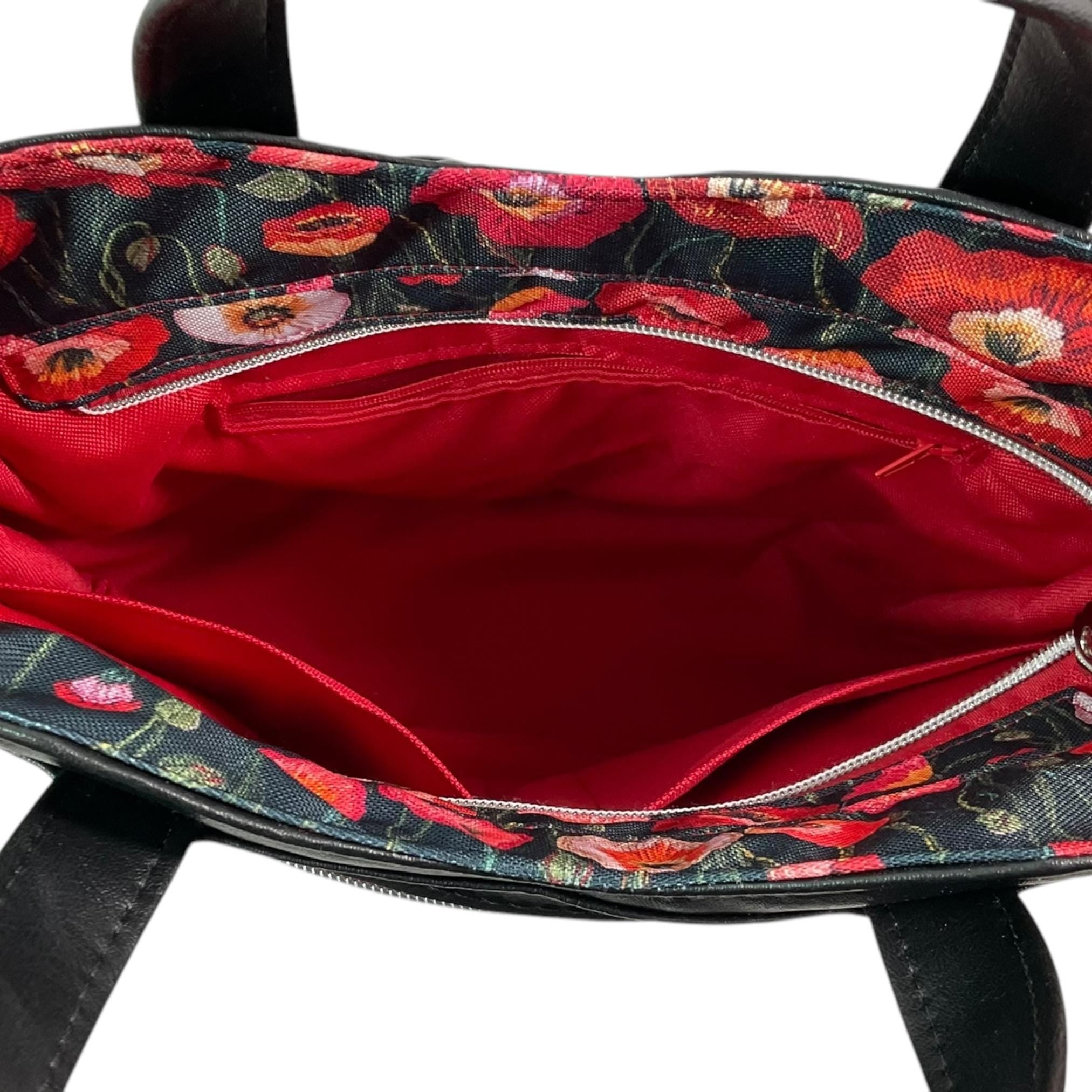 Handbag in faux leather and poppies floral print, vegan ladies gift, handles and crossbody strap bag, rectangular shoulder zip tote