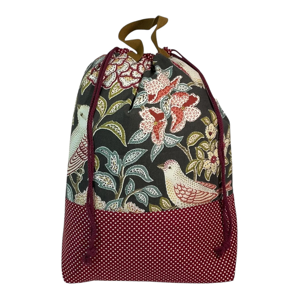 XXL Knitting Project Bag: Floral Bird Print, Multi-Pocket Drawstring Tote
