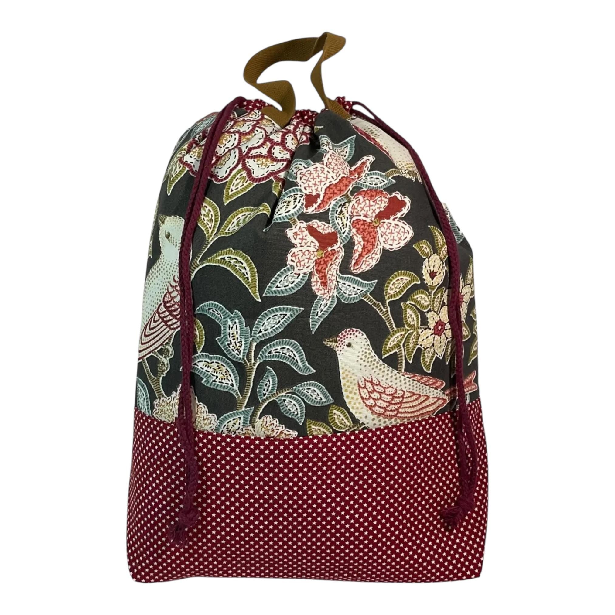 XXL Knitting Project Bag: Floral Bird Print, Multi-Pocket Drawstring Tote