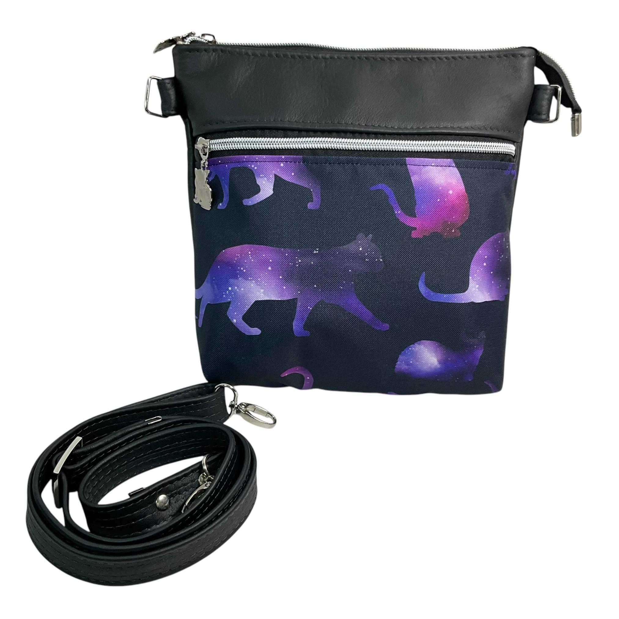 Handbag in genuine Leather and purple cat print water resistant canvas, medium sized zip top