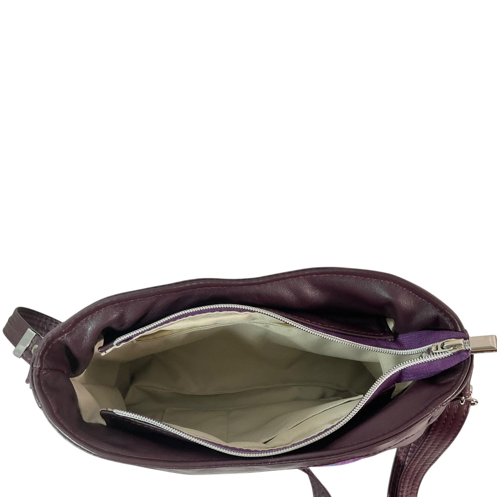 Handbag in genuine leather and Harris tweed tartan print pure wool, green and purple check medium sized zip top shoulder bag